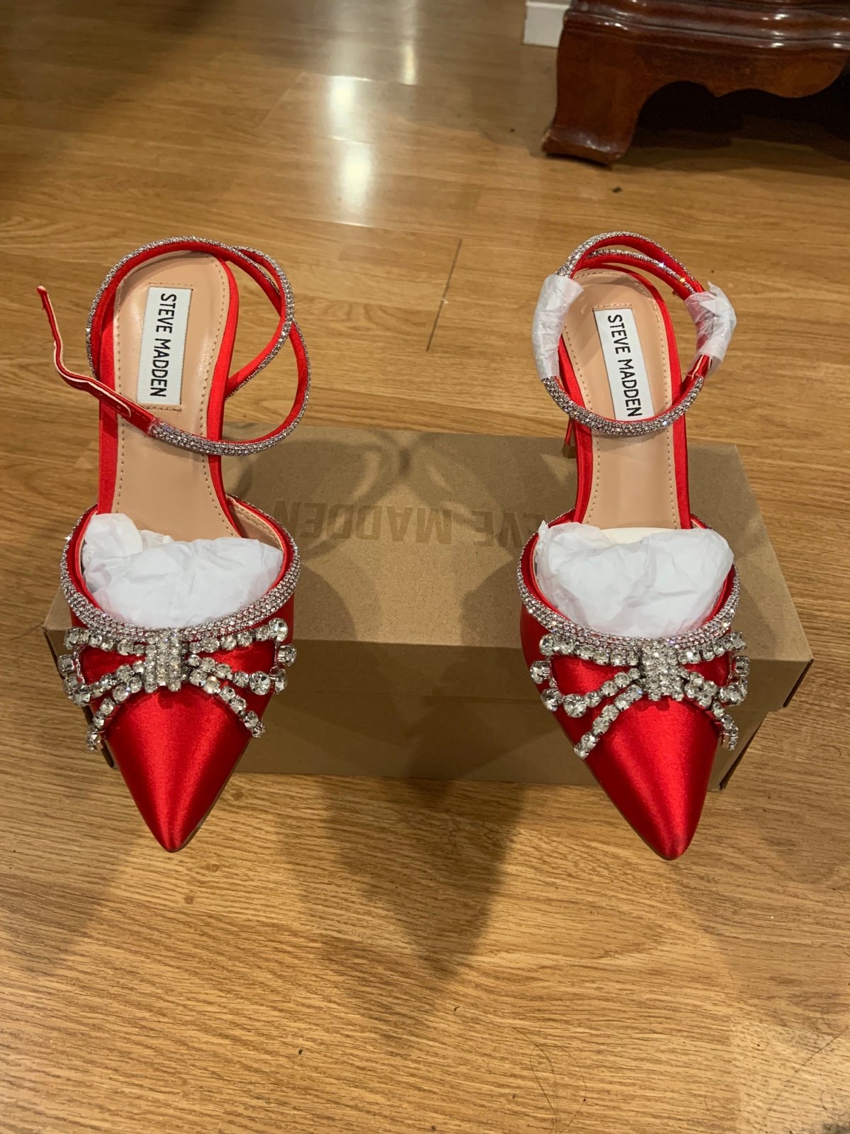 Red Steve Madden heels with rhinestones