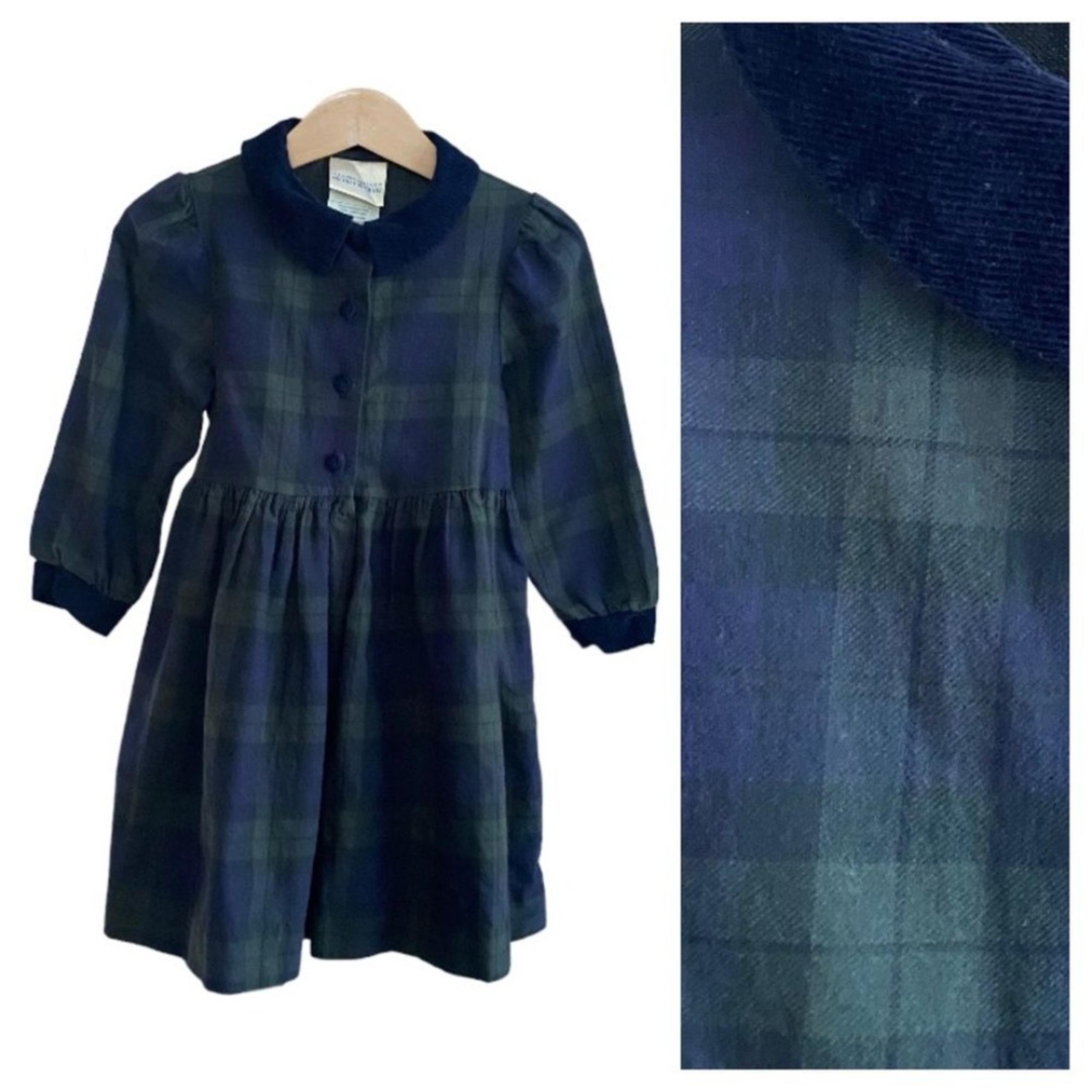 Vintage Laura Ashley Mother and Child Green Navy Blue Plaid Long Sleeve Dress