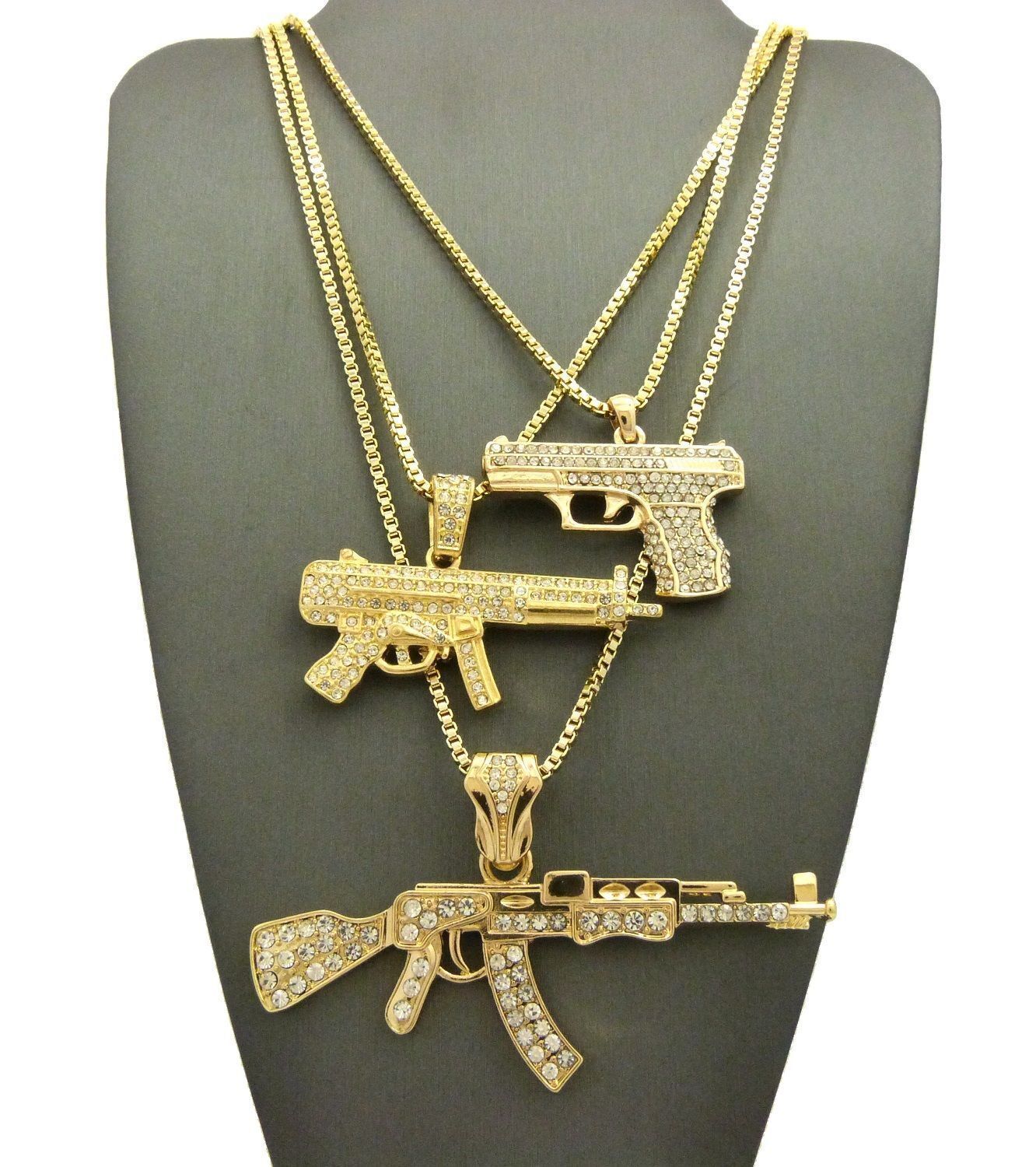MENS MACHINE GUN AK47 CHOPPER ,UZI WEAPON, GUN,PENDANT BOX CHAIN 3 NECKLACE SET