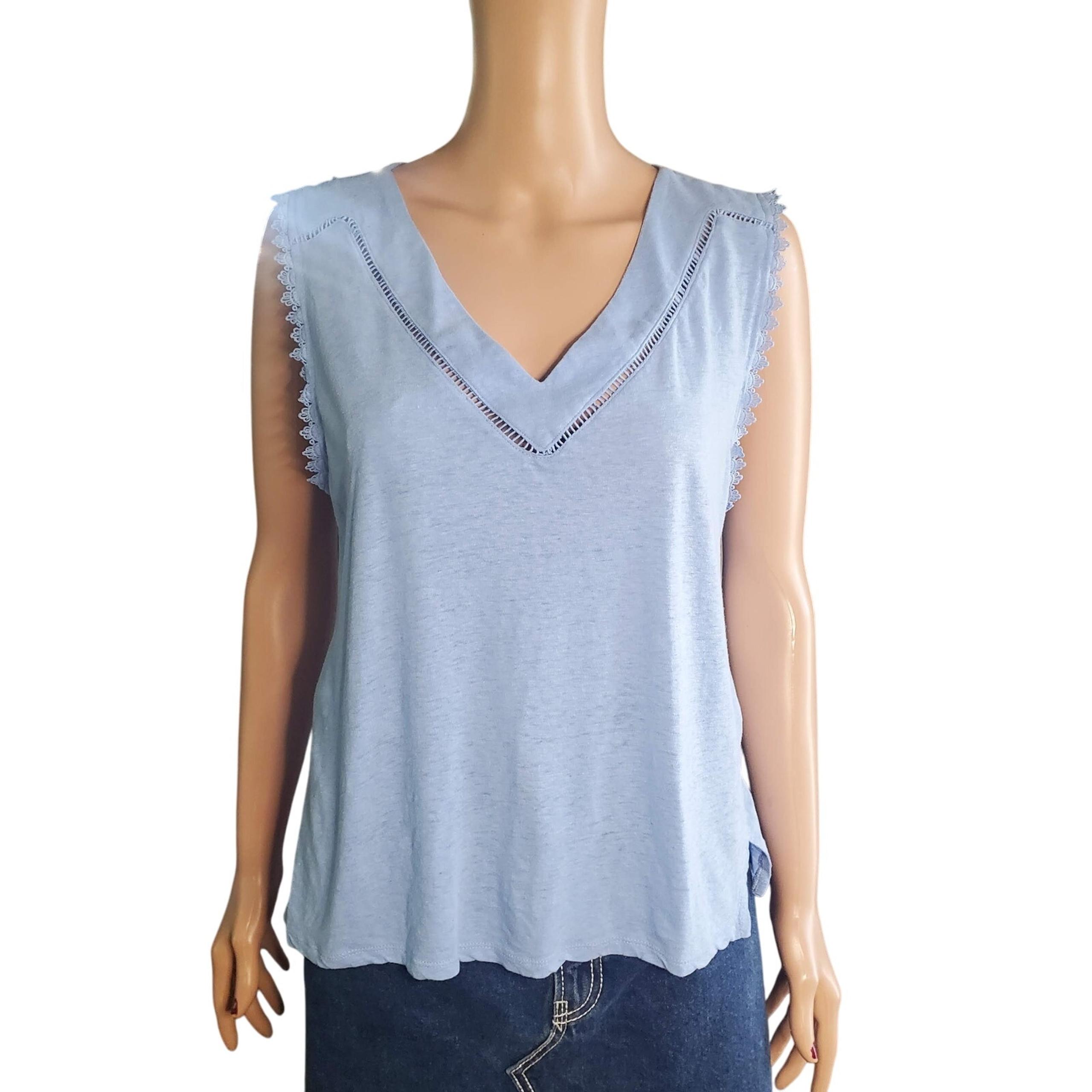 Cyrus Size L Linen / Cotton Blend Eyelet Trim Split Hem Tank Top Blue