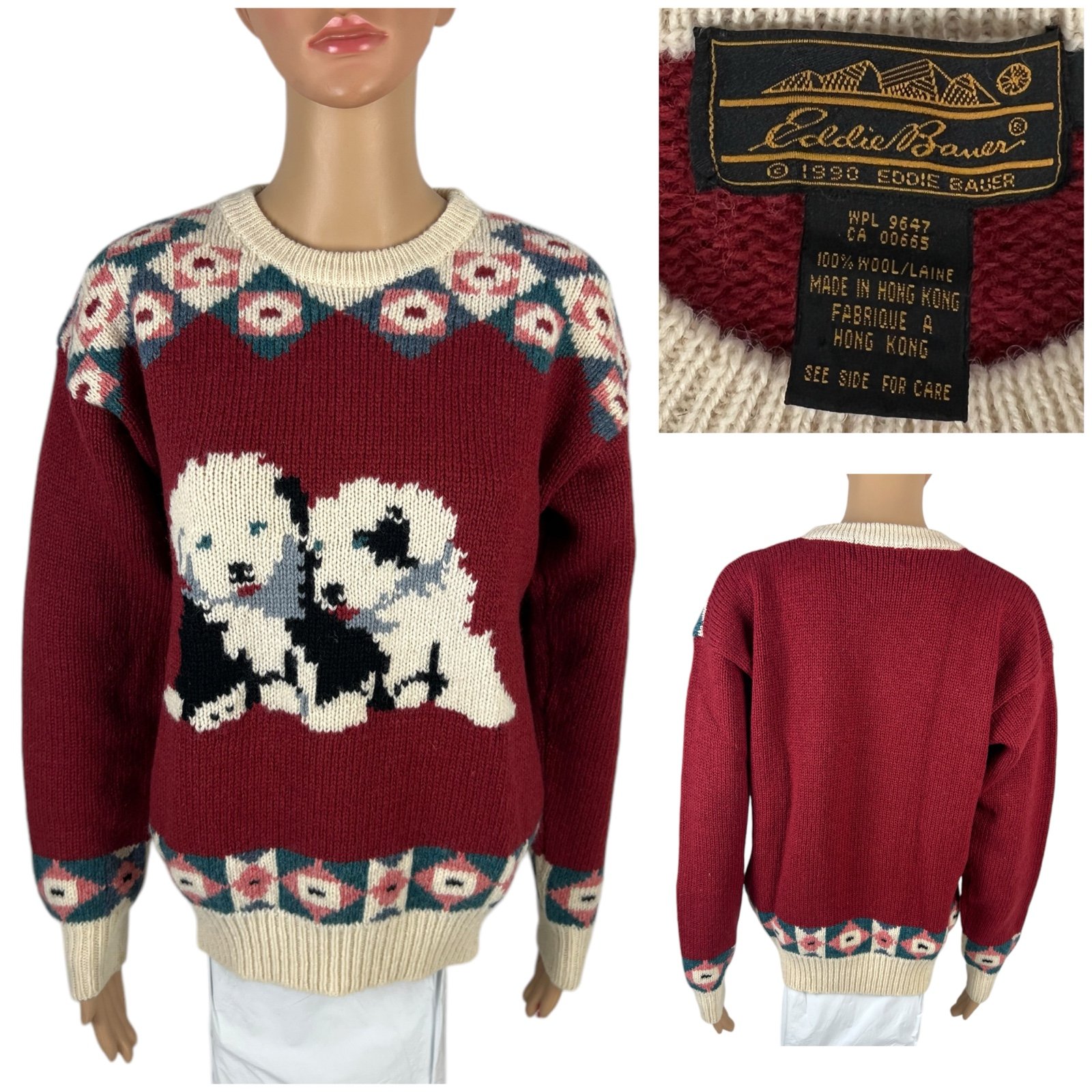 Eddie Bauer Womens Medium Sweater Vintage Puppy Love Fair Isle Knit Wool 1990