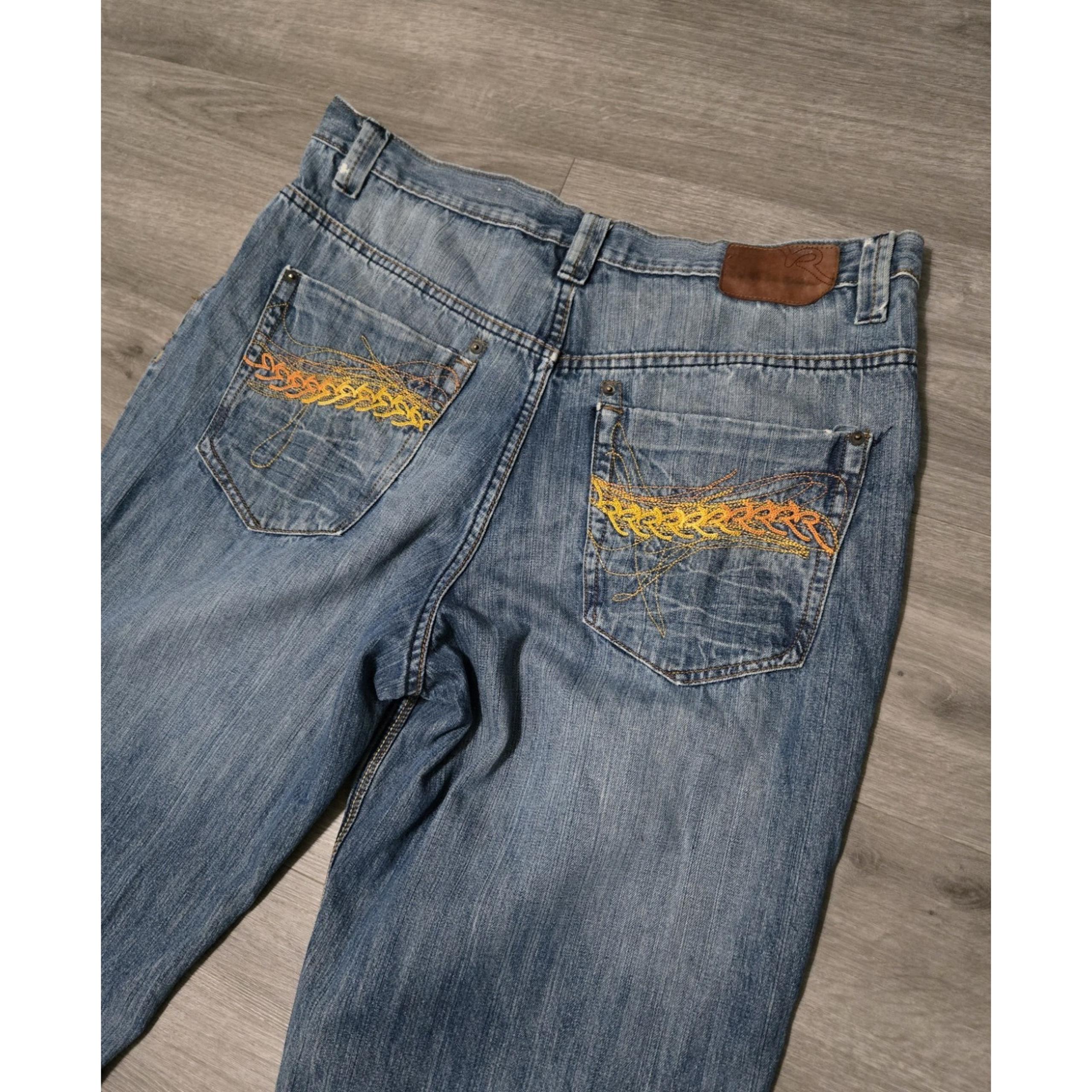 Vintage Rocawear Embroidered Jeans Mens Size 38 Distressed Faded Baggy Y2K