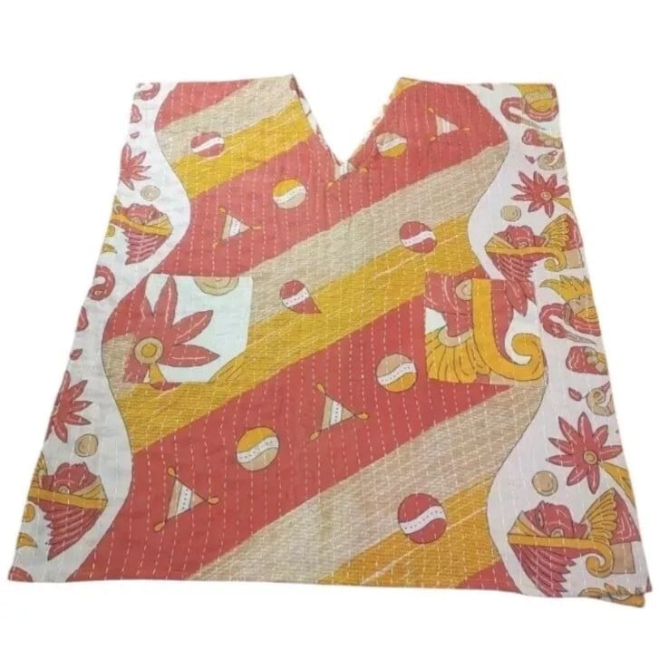 Kantha Patchwork Kimono V-neck Poncho Top Colorful Patch Pockets Woman One Sz #G