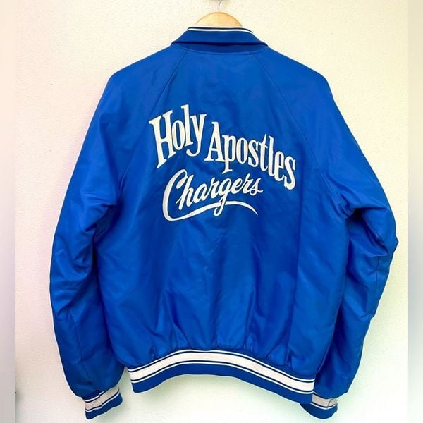 VINTAGE 90’s letterman bomber blue snap front holy apostles rare unique jacket M
