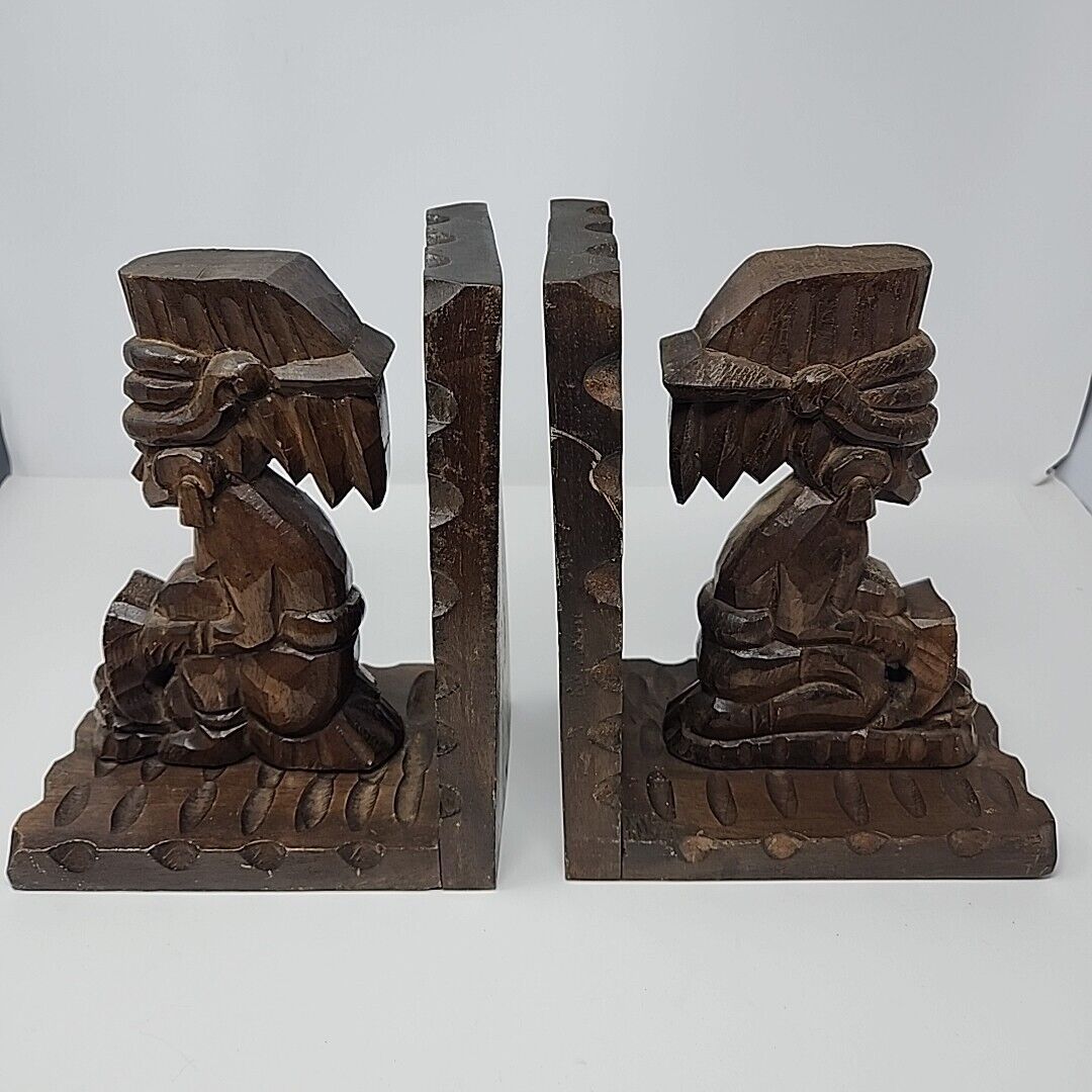 MCM Wooden Mexican Mayan Bookends Hand Carved Large Rustic