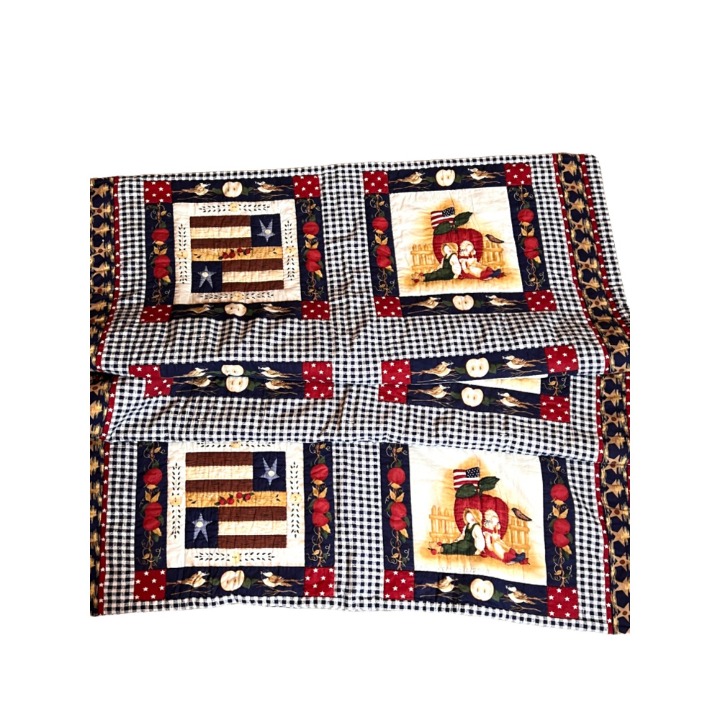 Homemade VTG Quilted Throw 64 x 41 Apples/American Flag Americana
