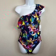 New La Blanca Mio Swimsuit Women's 14 Navy Blue By the Sea One Shoulder Ruffle