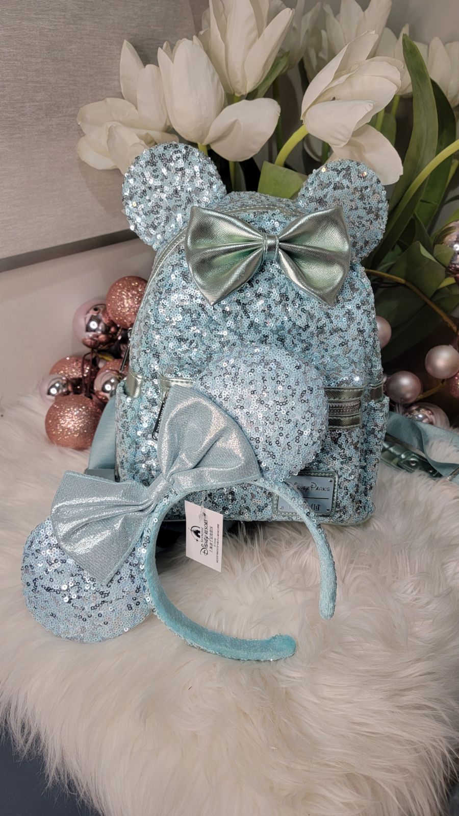 Loungefly Disney Parks Arendelle Aqua Sequin Backpack&Ears