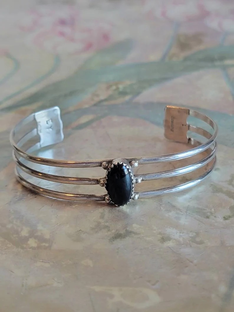 Hand Made Navajo EY Elsie Yazzie Sterling Silver and Black Onyx Cuff Bracelet