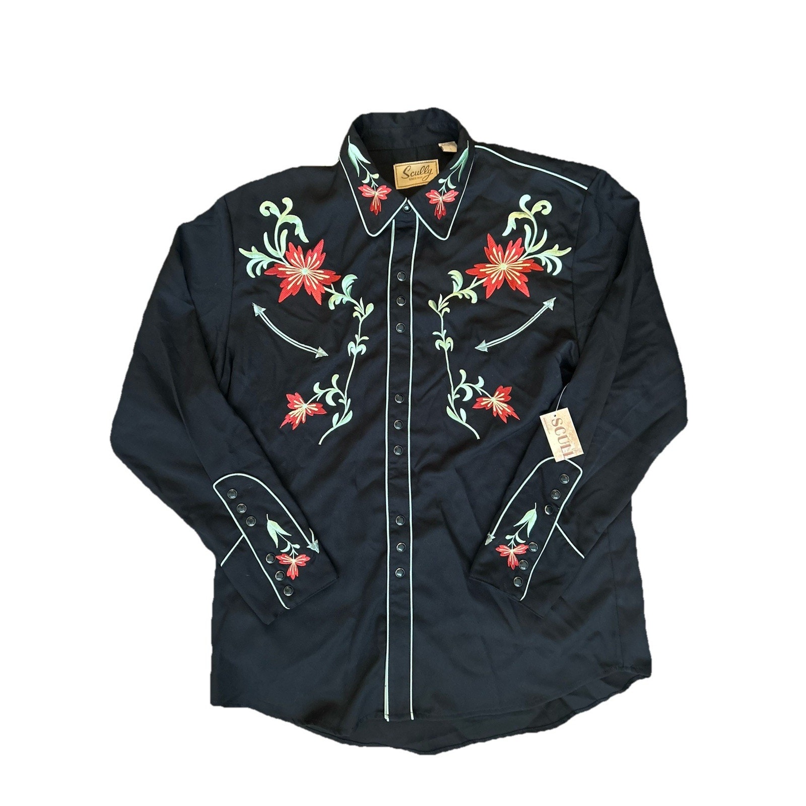 NWT Scully Men Large L/S Shirt Western Black Snap Embroidered Floral Arrow P-633