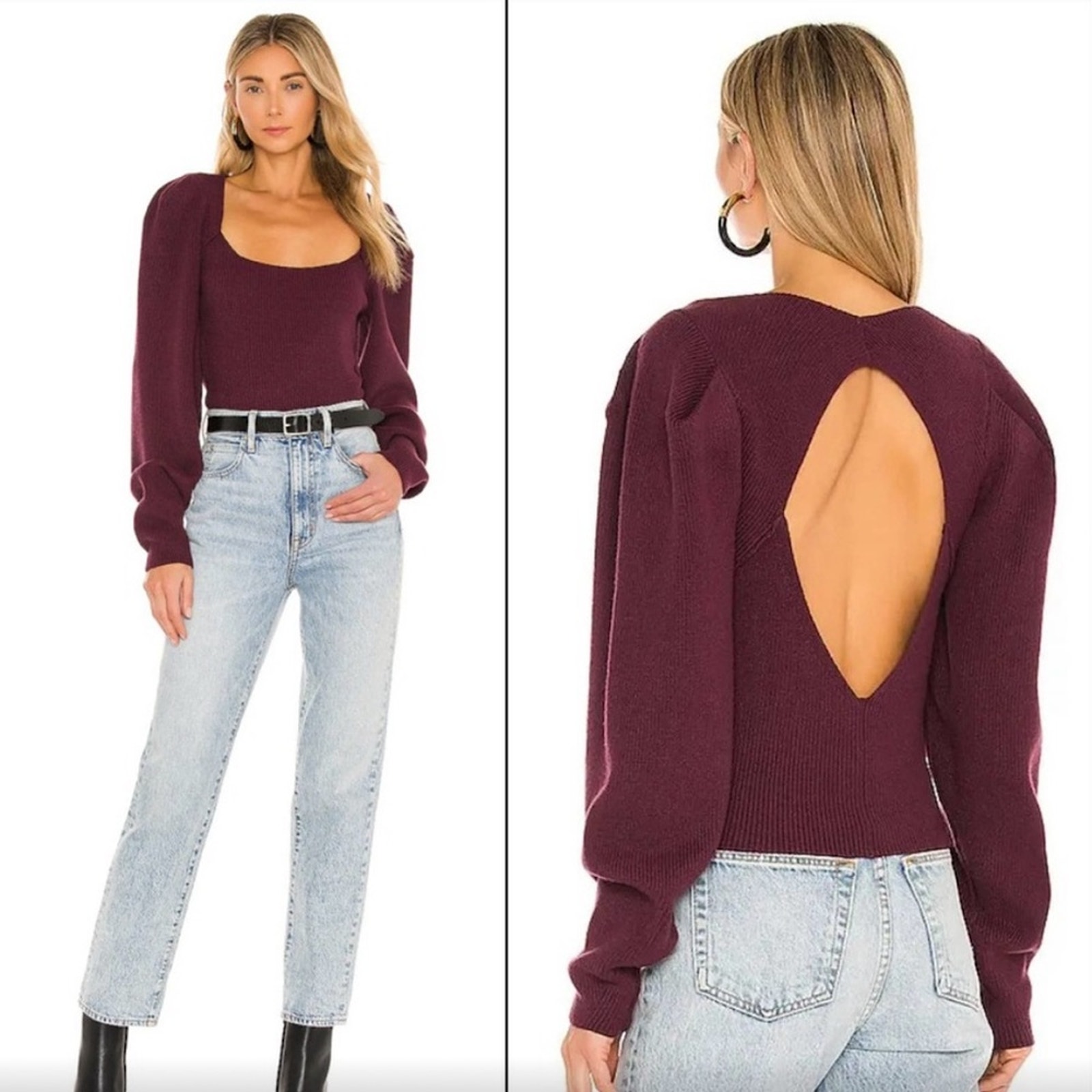 Free People Open Back Cut Out Long Sleeve Saffron Ribbed Square Neck Sweater M