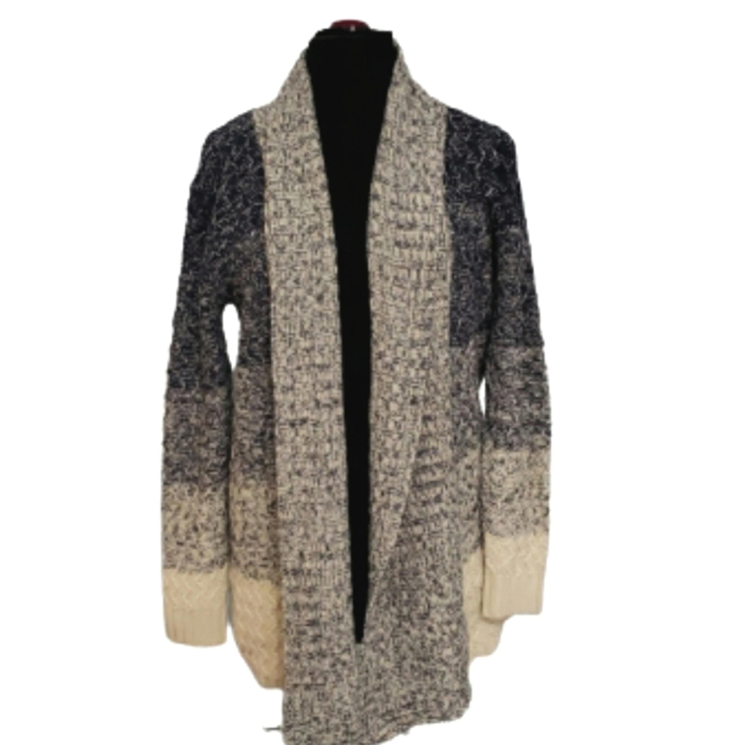 Tobi Cardigan Chunky Knit Blue and Cream Shawl Collar Open Front Long Sweater M