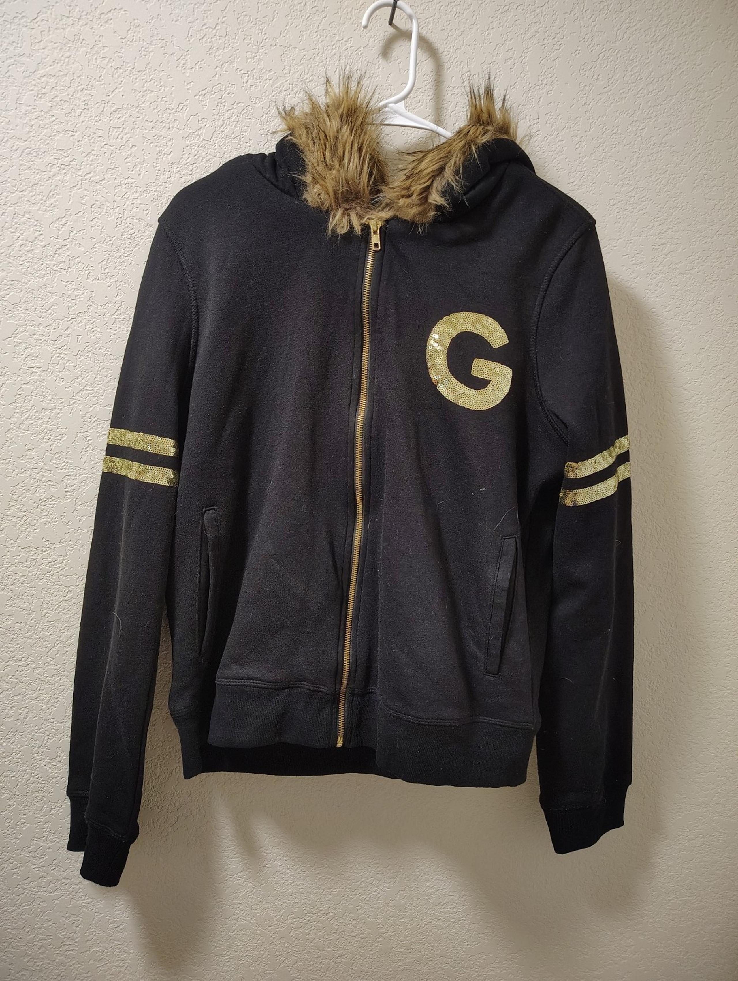Vintage Y2K Guess Bling Jacket Hoodie Faux Fur Hood Women's XL Fits like medium