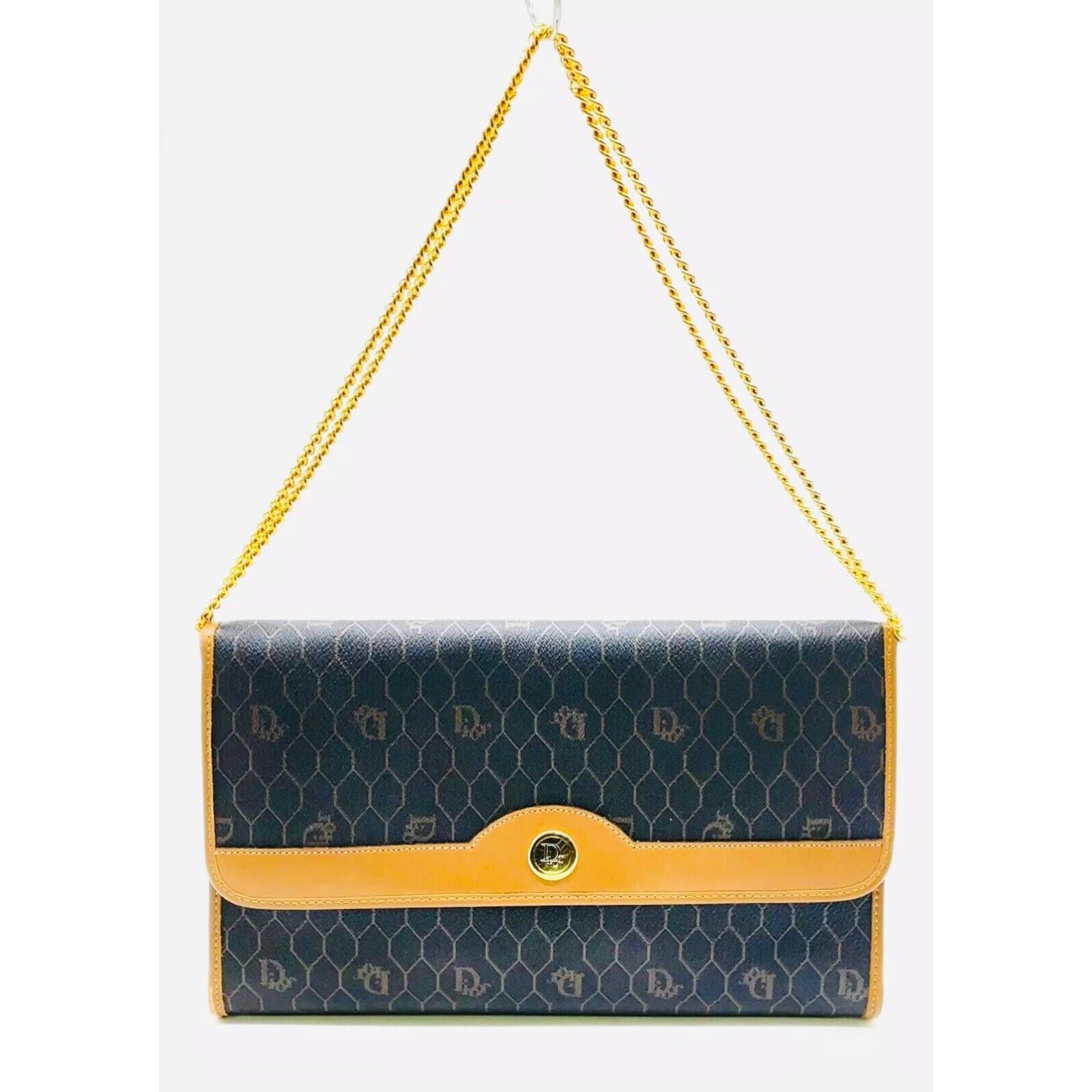 Authentic Christian Dior Honeycomb PVC Leather Brown Chain Shoulder Bag