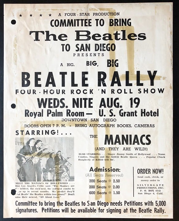 Committee to Bring the Beatles to San Diego Beatle Rally Poster 1964