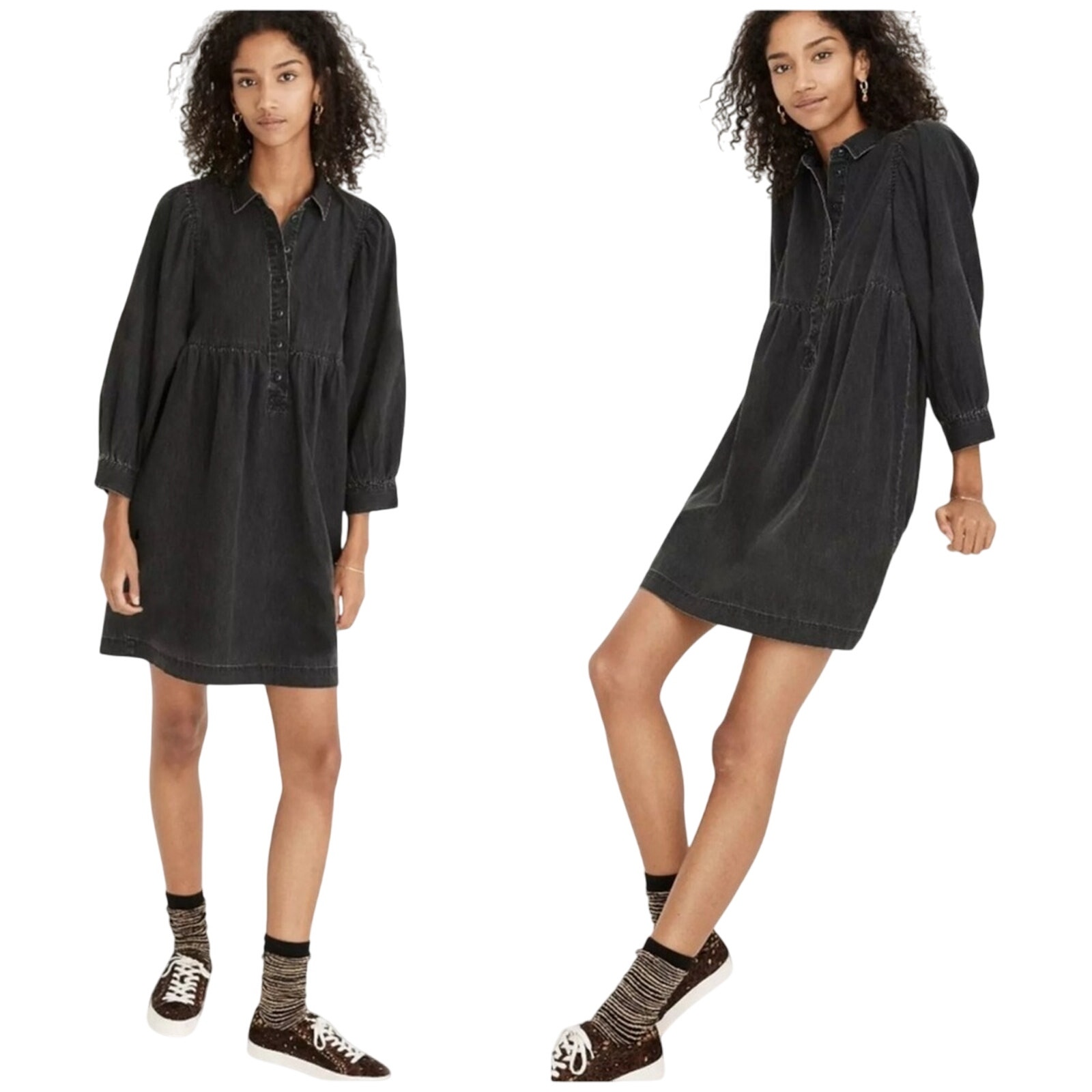 Madewell Denim Babydoll Button Front Shirtdress in Washed Black Size Medium Boho