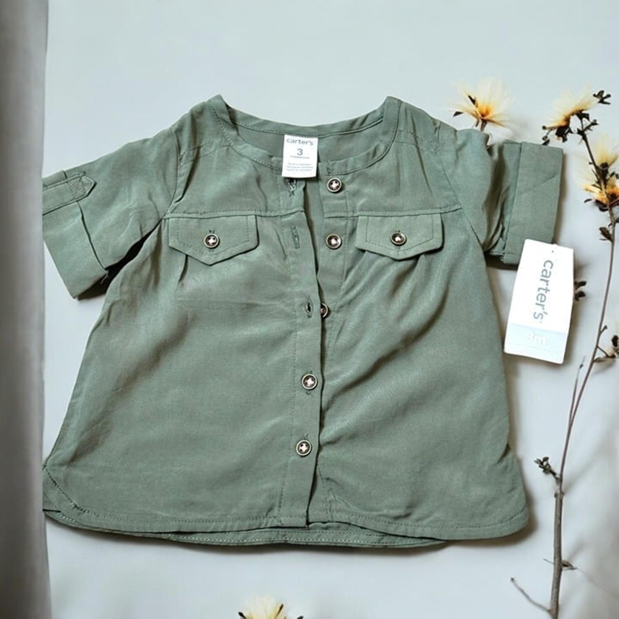 Carter's Baby Green Short Sleeve Button-Up Shirt, Size 3M, Lightweight and Styli