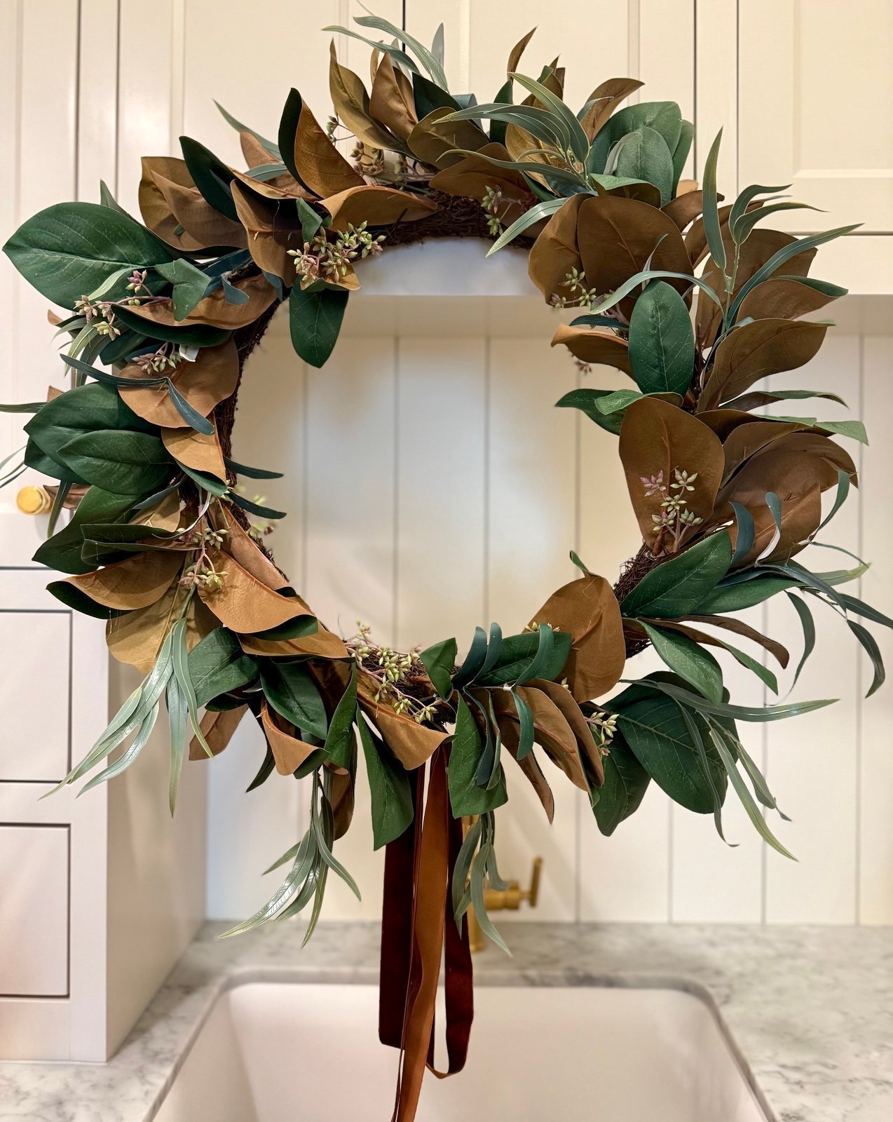 Sold OUT Magnolia Olive Artificial Wreath Velvet Ribbon Brown Studio McGee 28”XL