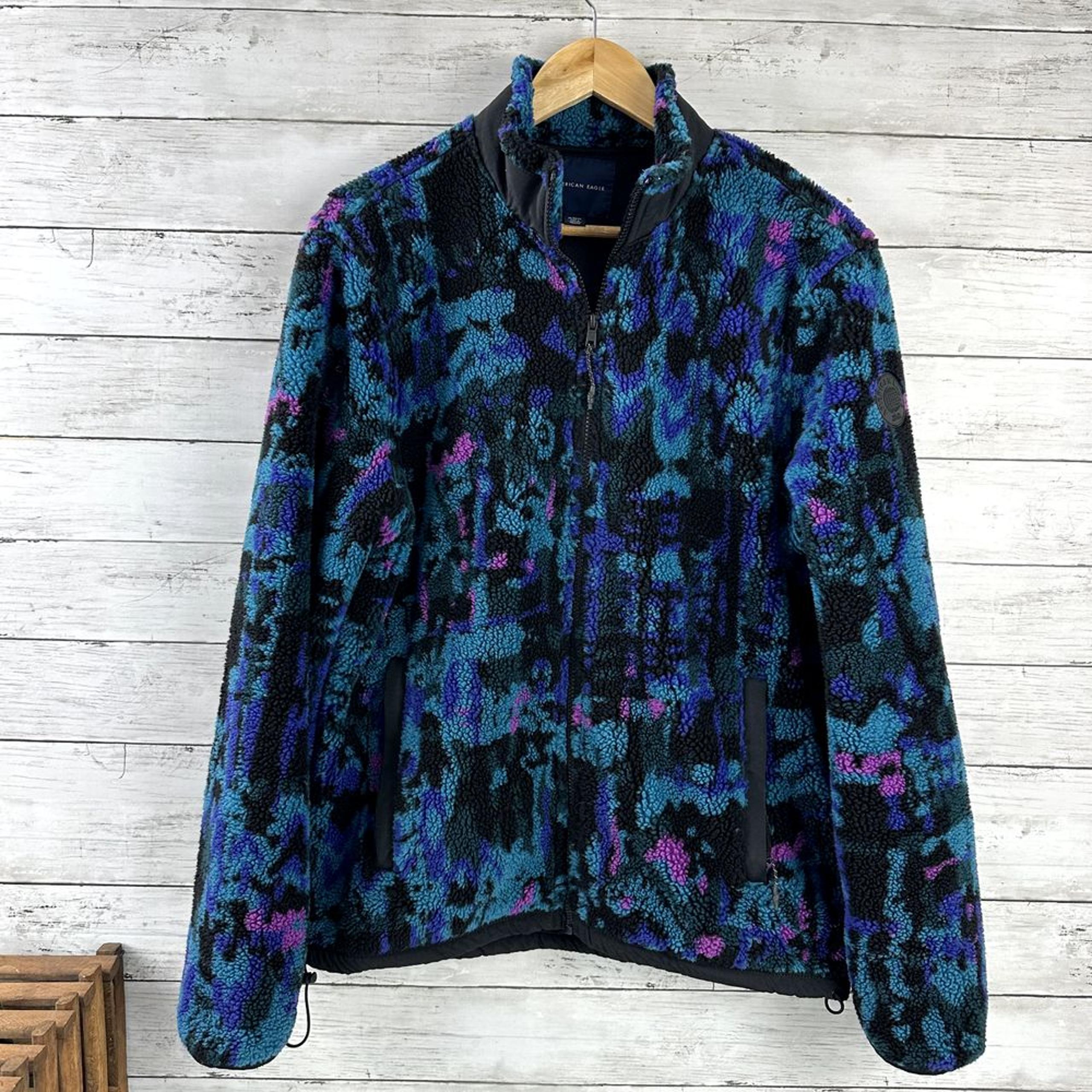 American Eagle Funnel Neck Blue Purple Fleece Jacket Womens Medium Teddy Zip Up