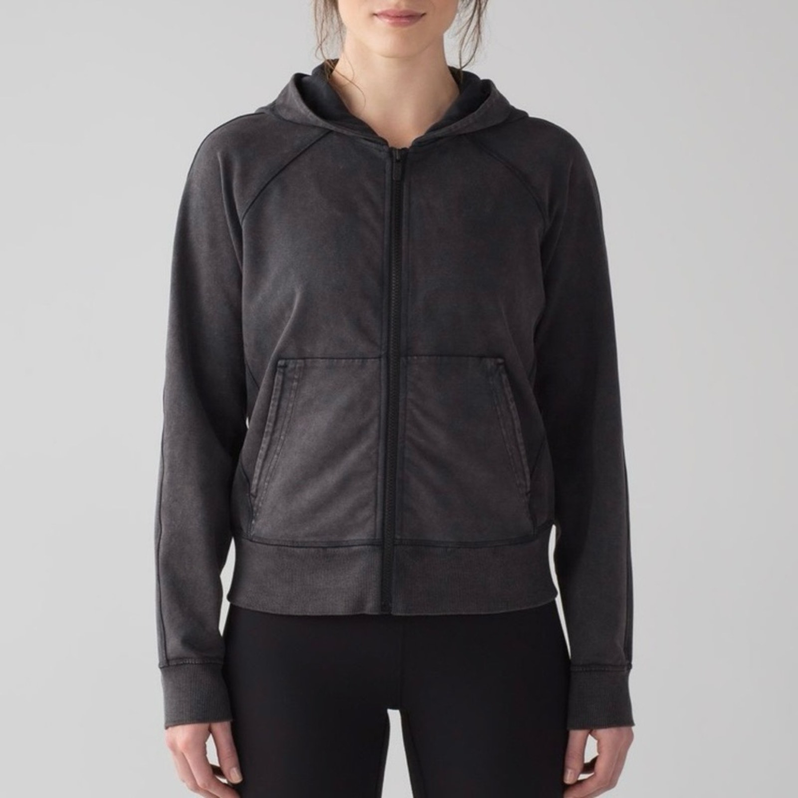 LULULEMON Acid Rubber Dye Black Loop Back Hoodie Full Zip Cotton Terry Size 6