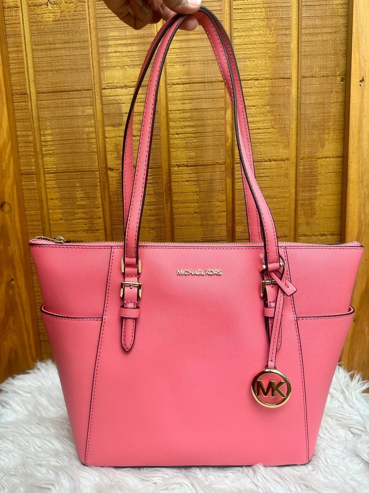 Michael Kors Charlotte Large TZ tote tea rose Leather women shoulder bag