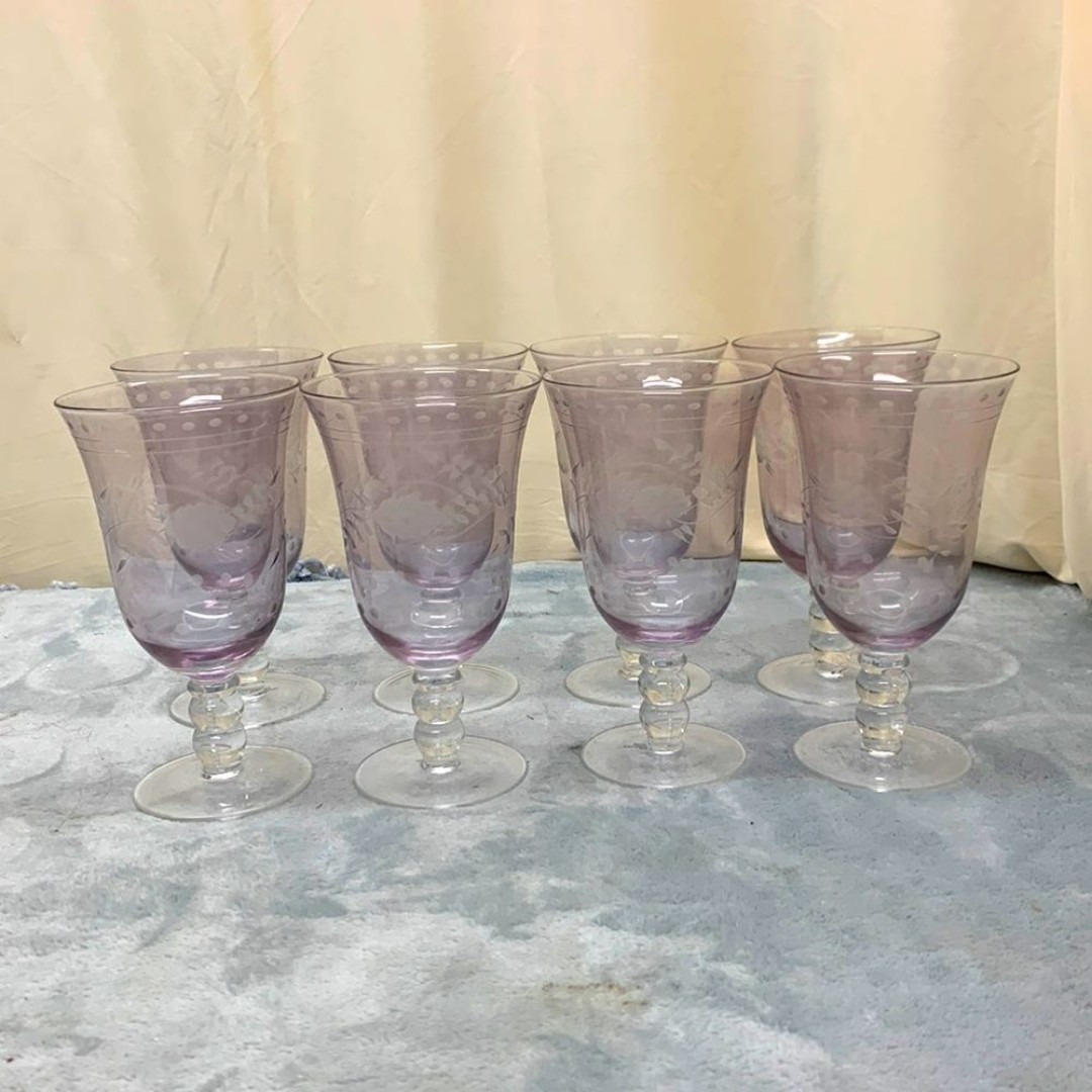 Vintage Pink/Purple Wine Glasses with Etched Flower Lot of 8