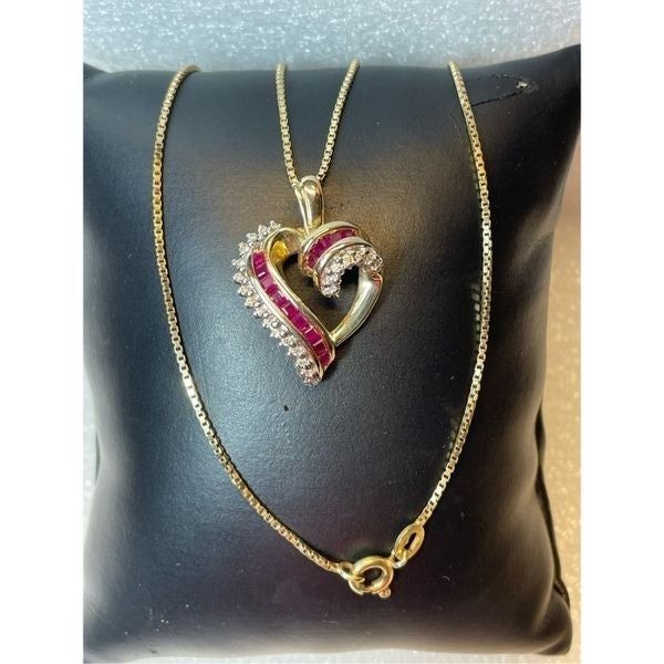 14KT Yellow Gold Ruby & Diamond Heart Pendant Necklace 18” Long