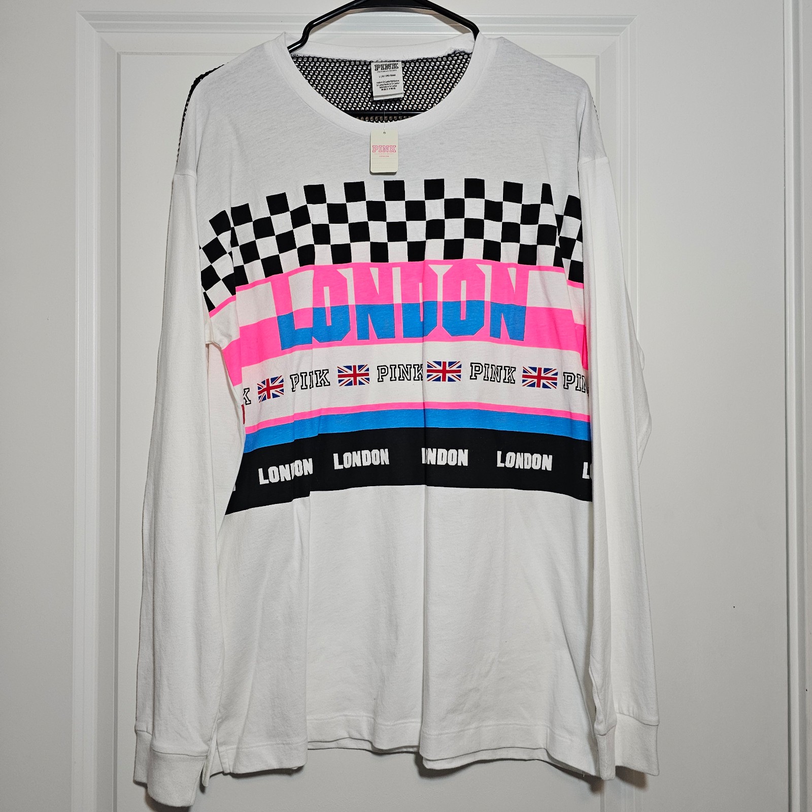 NWT Victoria's Secret PINK LARGE London Limited Edition Mesh Campus Crew Tee