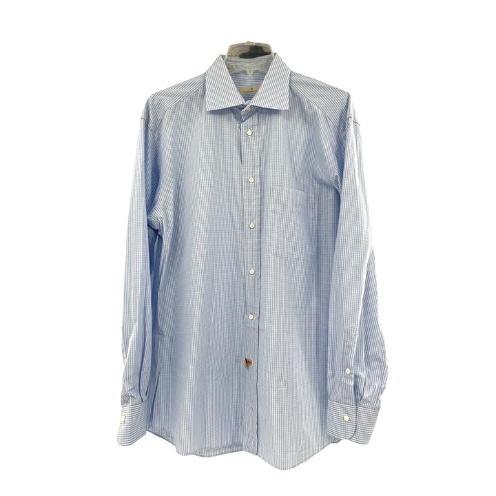 Ermenegildo Zegna Mens Blue & White Striped Button-Up Dress Shirt 46x16.5