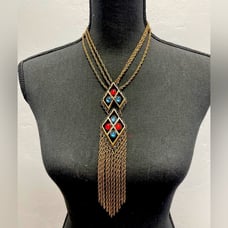 Vintage German Brass Tone Blue and Red Tassel Chain Necklace Statement unique