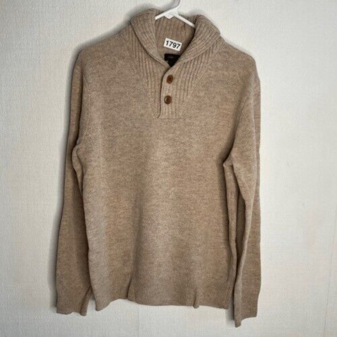 NWOT J. Crew 100% Lambs Wool Button Shawl Collar Sweater Men Size Medium Beige