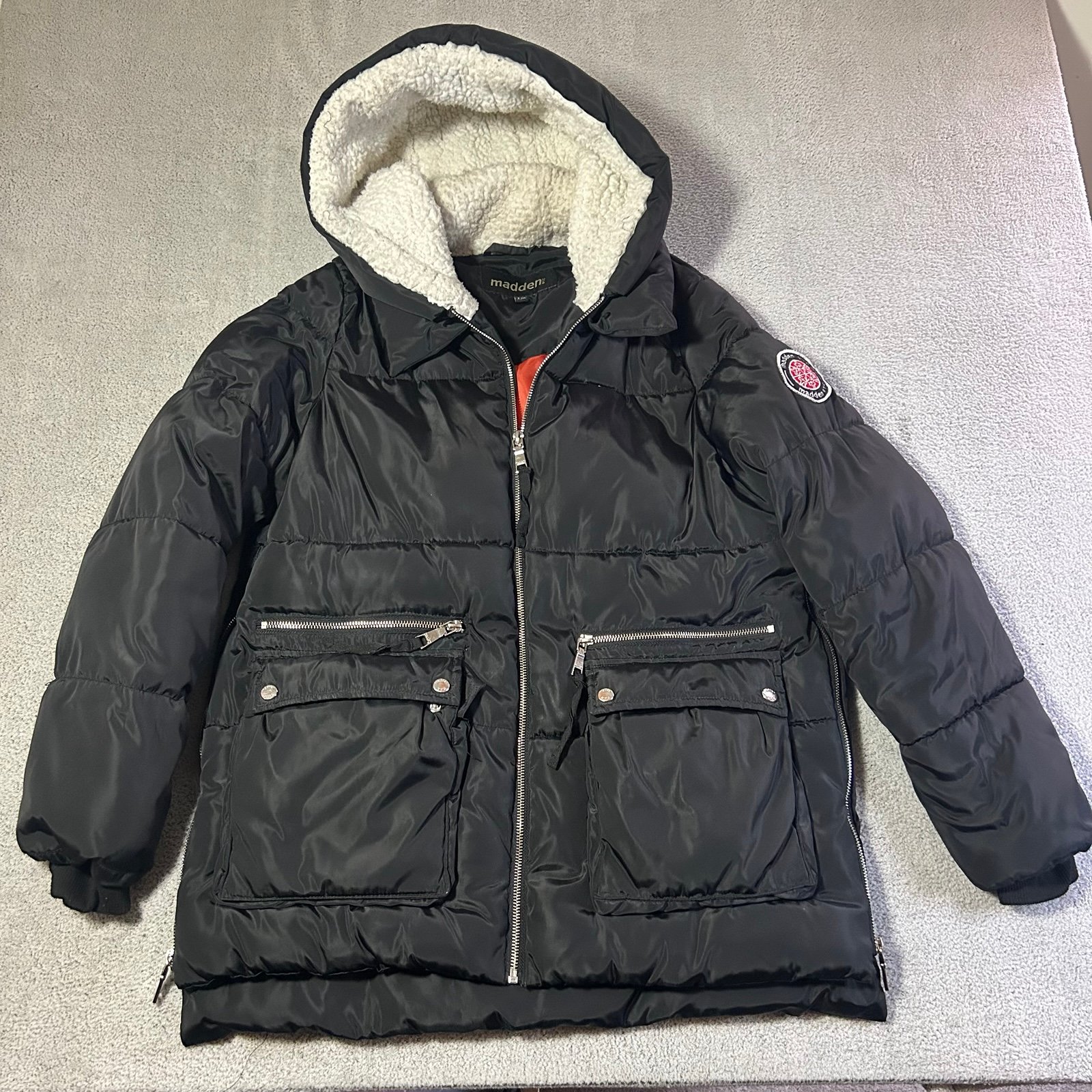 Madden NYC Womens Winter Puffer Coat Large Black Full Zip Sherpa Lined Hood