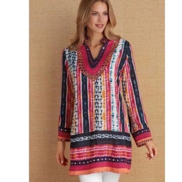 Tie-Dye Beaded Giada Batik Tunic 2AP21 Size Small
