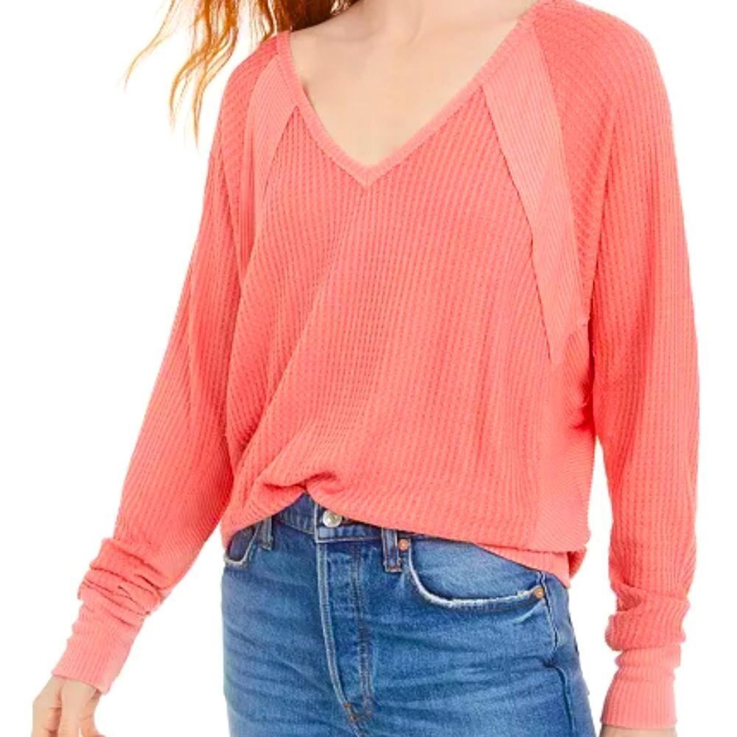 Free People We the Free Santa Clara Waffle Knit Thermal Top Sz Med Prairie Pink