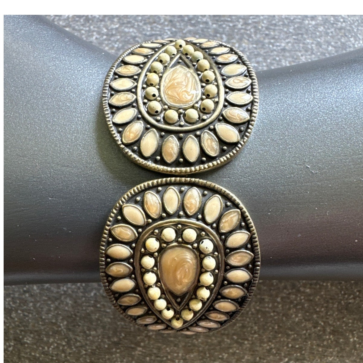 Hinged Tear Drop Bangle Bracelet Looks Like Mother of Pearl Beige Beads & Stones