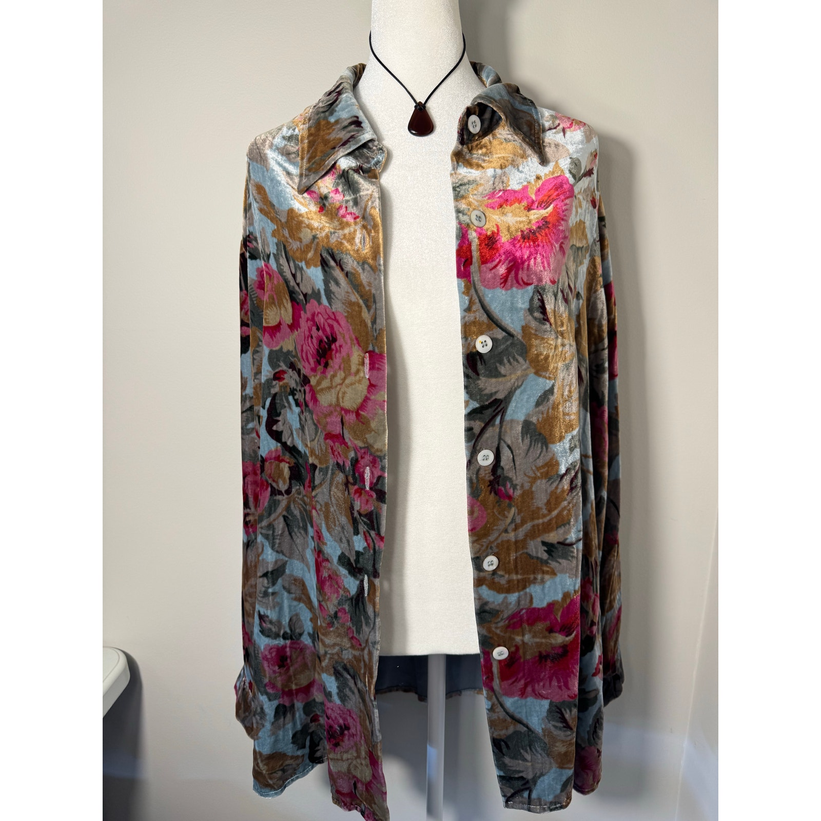 Soft Surroundings Floral Silk Button Down Velvet Blouse Size M