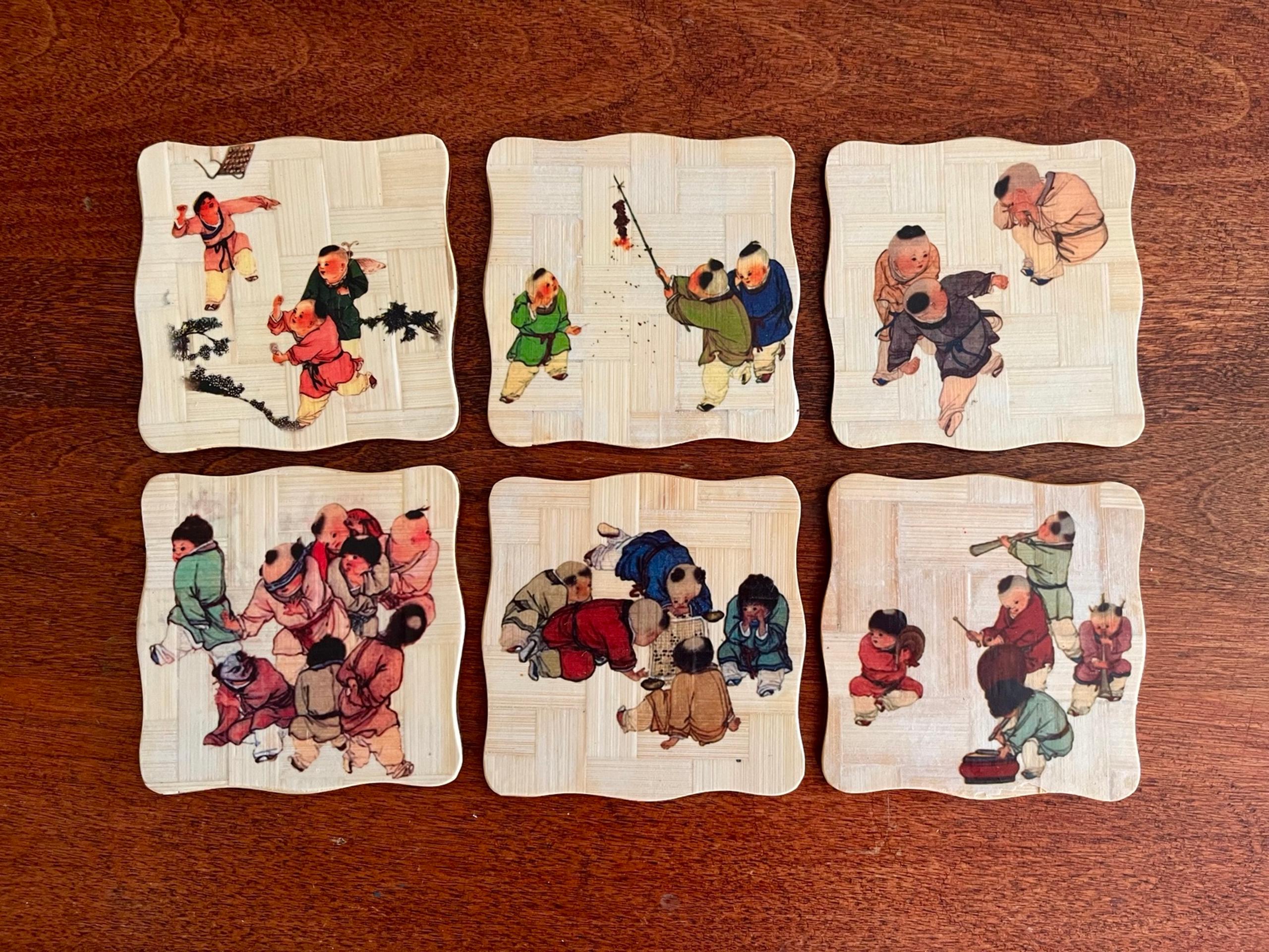 Vintage Bamboo Wood Coaster Set of 6 w/Holder Japanese Motifs 3-1/2” Scalloped