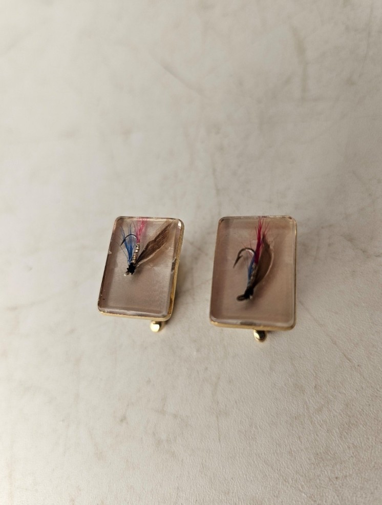 Vintage pair of Hickock fly fishing lure cufflinks, lucite encased flies nymphs