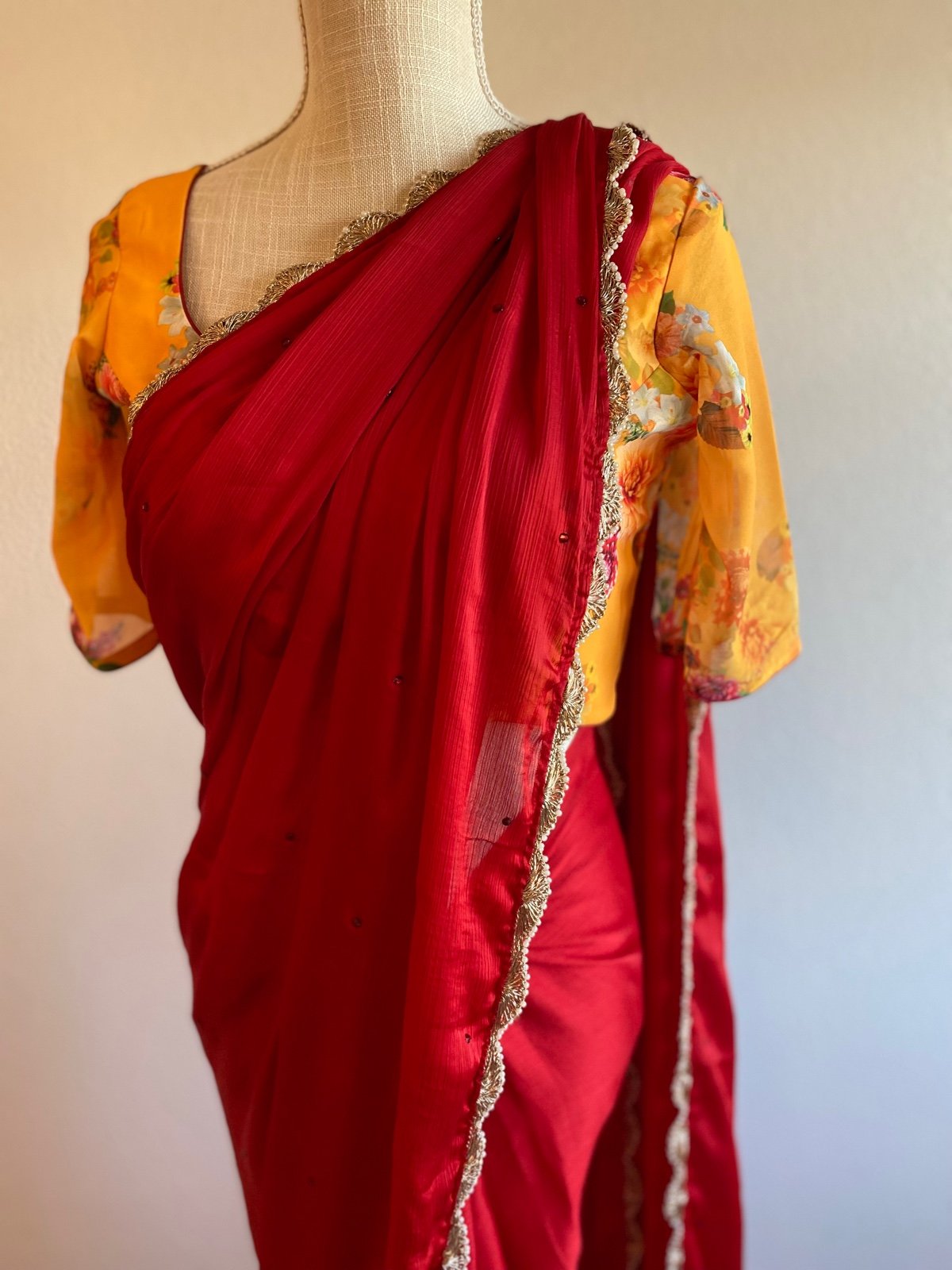 Georgette saree gotapatti border with floral blouse