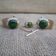 Vintage Swank Tie Tack & Cufflink Set Green & Gold