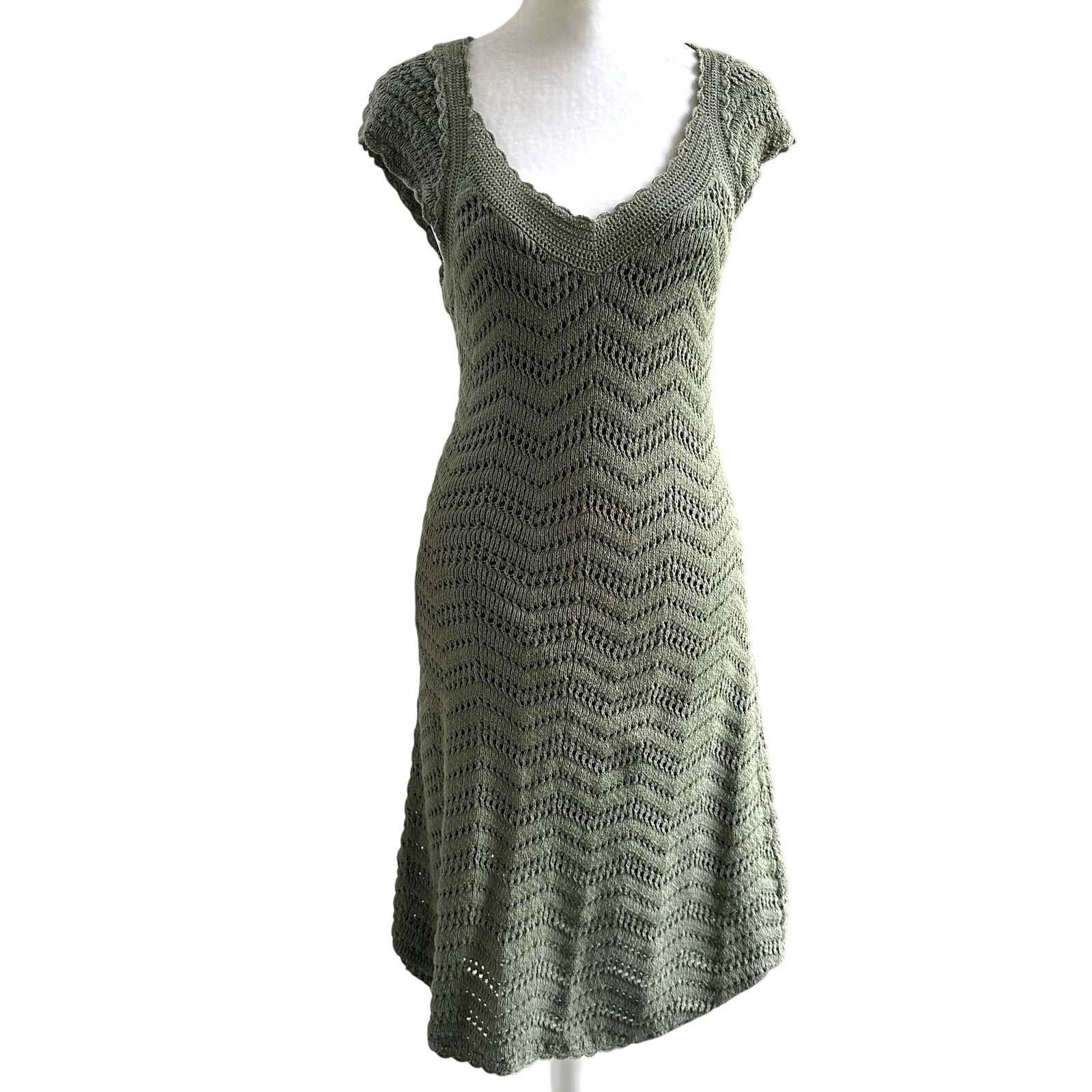 Athleta Sage Green Crochet Cotton Knit A-Line Cap Sleeve Dress Size Medium