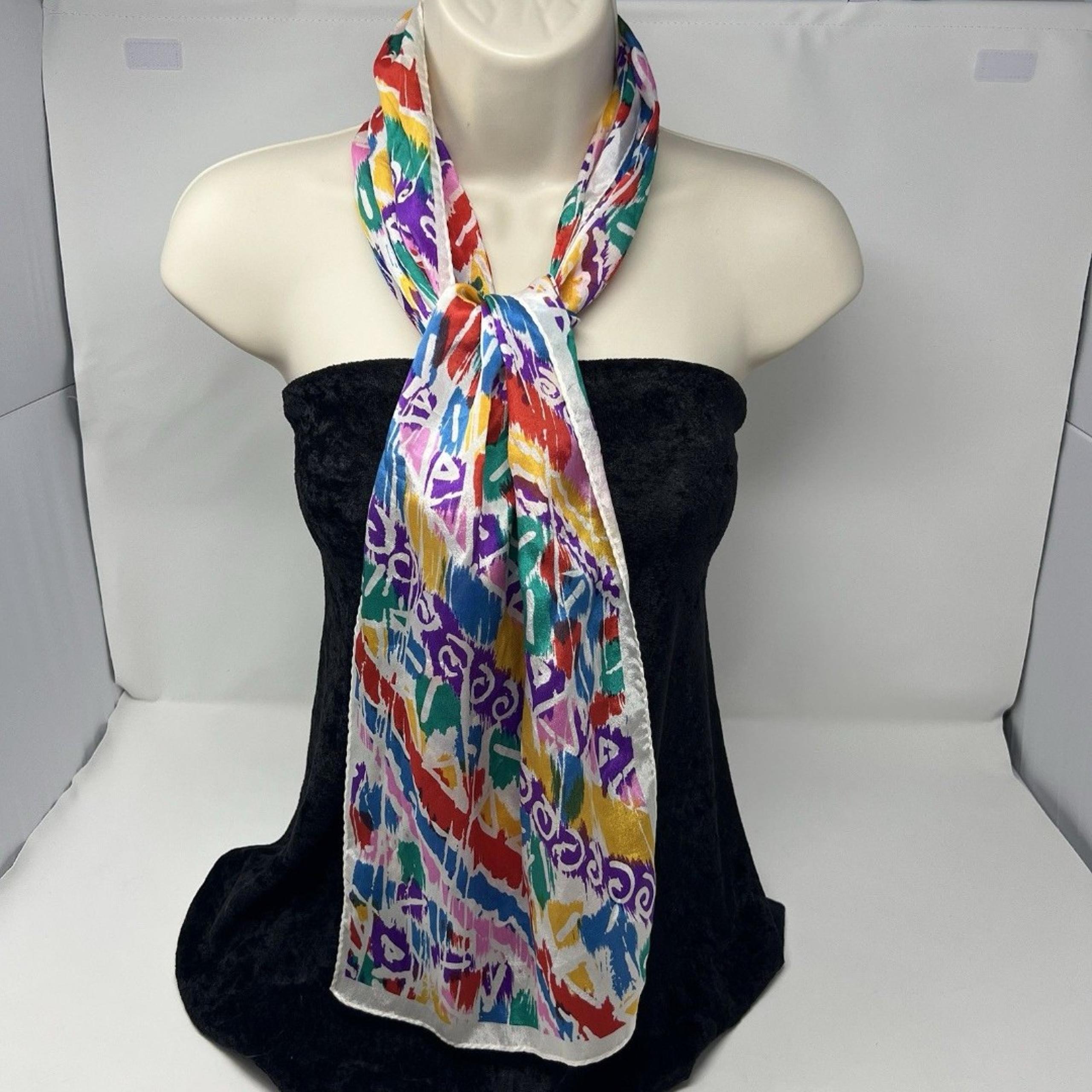 Vintage HONEY Silk Rectangle Long Scarf Colorful Geometric Pattern 52"x10" Japan