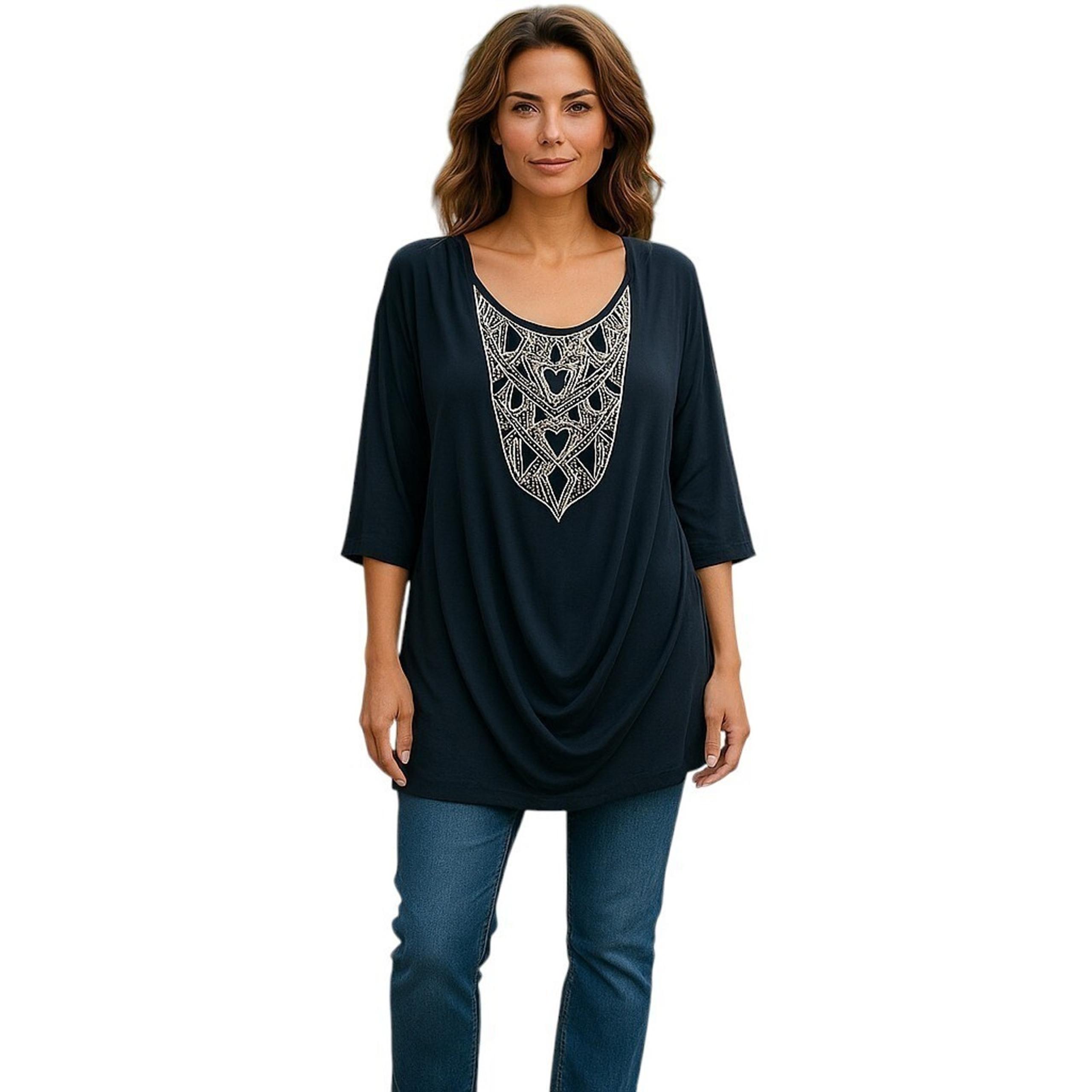 Bob Mackie Wearable Art Womens Tunic Top 3X Black Embellished Beaded Drape Front