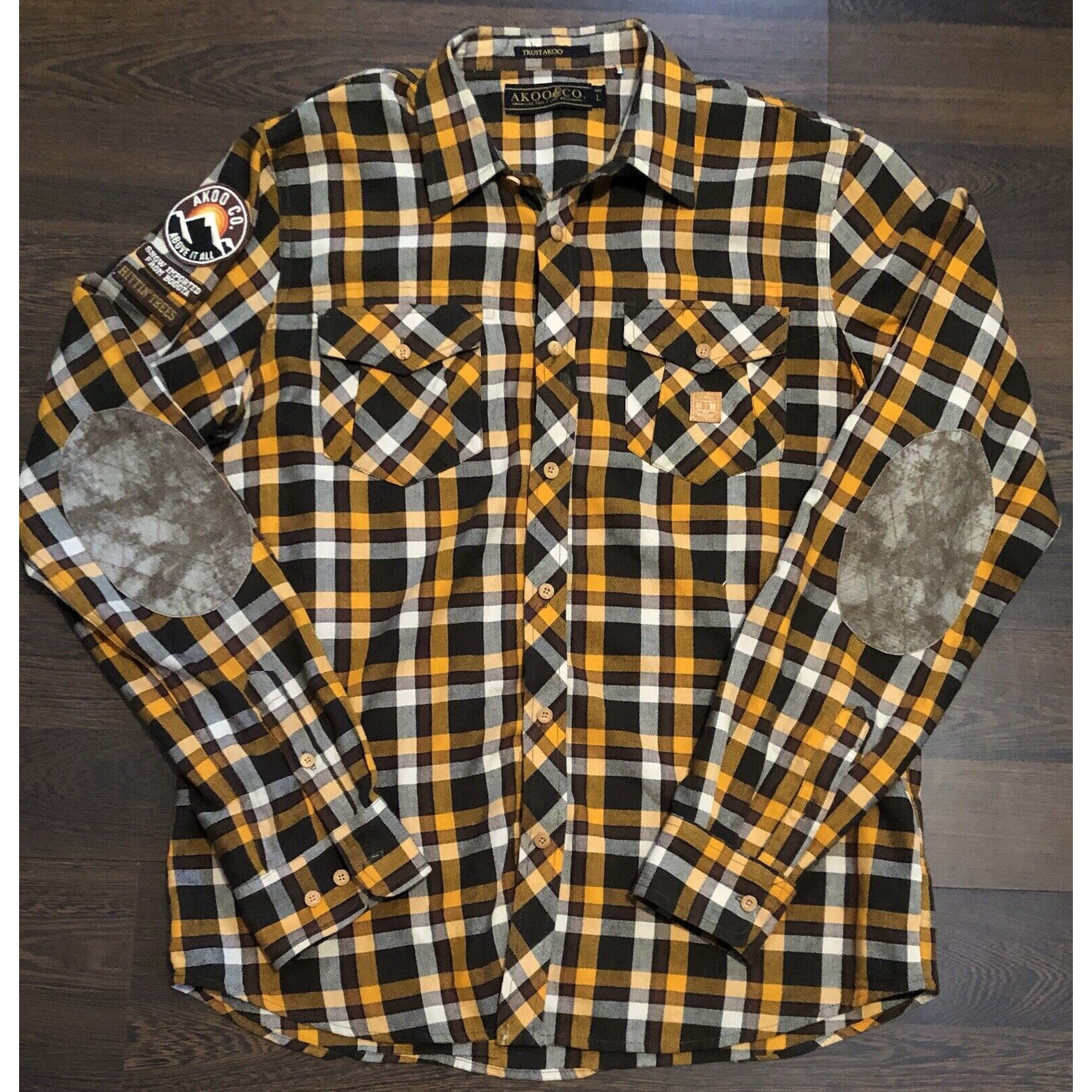 AKOO Shirt Mens Sz L Orange Black Buffalo Check Elbow Pads/PatchesUp Cargo