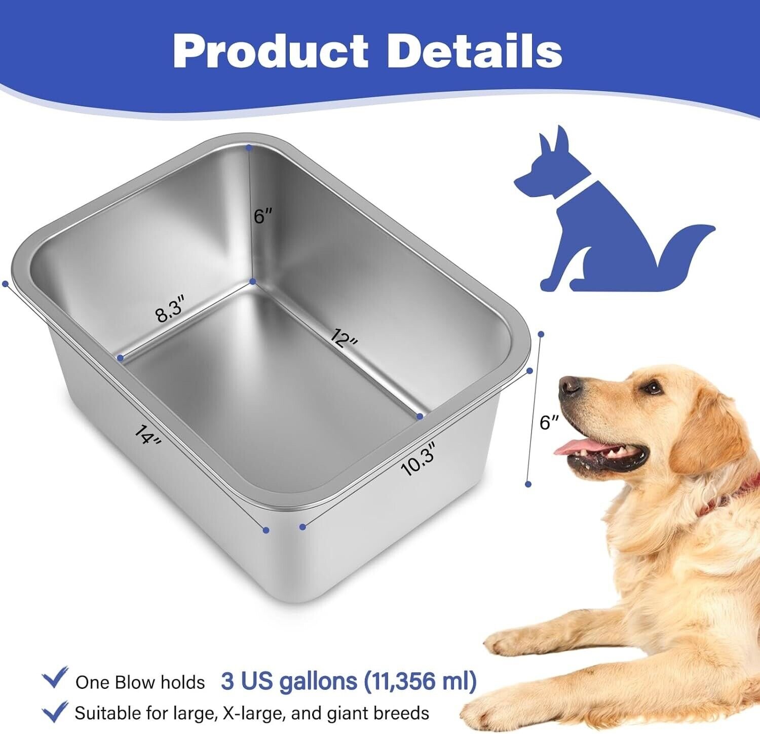 3 Gallons Large Dog Water Bowl, Stainless Steel Metal Dog Bowls, Large Capacity