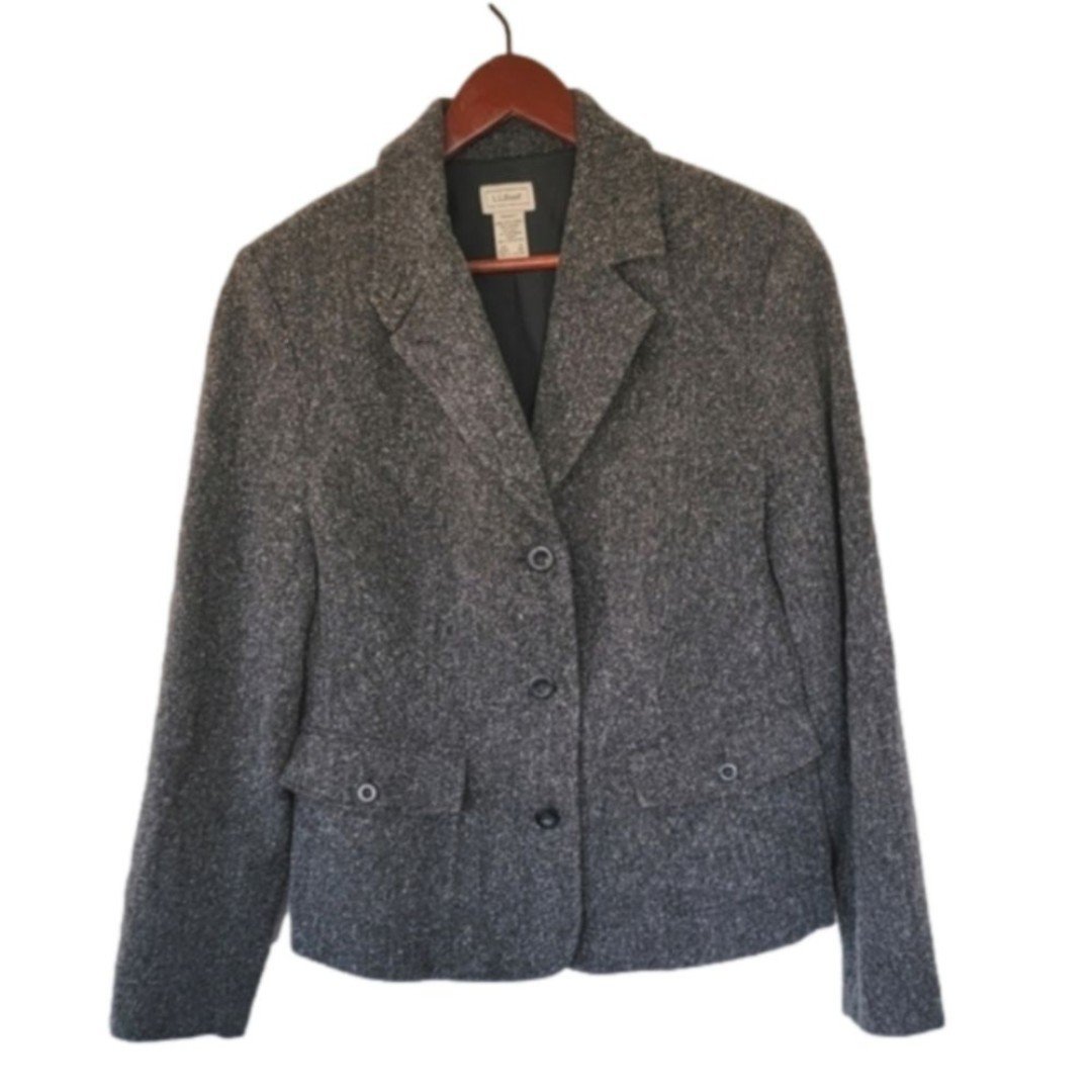 L.L. Bean Vintage Wool Silk Blend Herringbone Grey Blazer Women's Medium