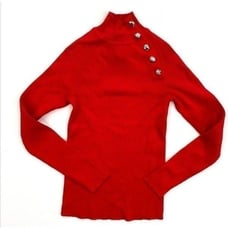 Anne Klein Sweater Top Large Red Women's Mock Button-Accent NEW