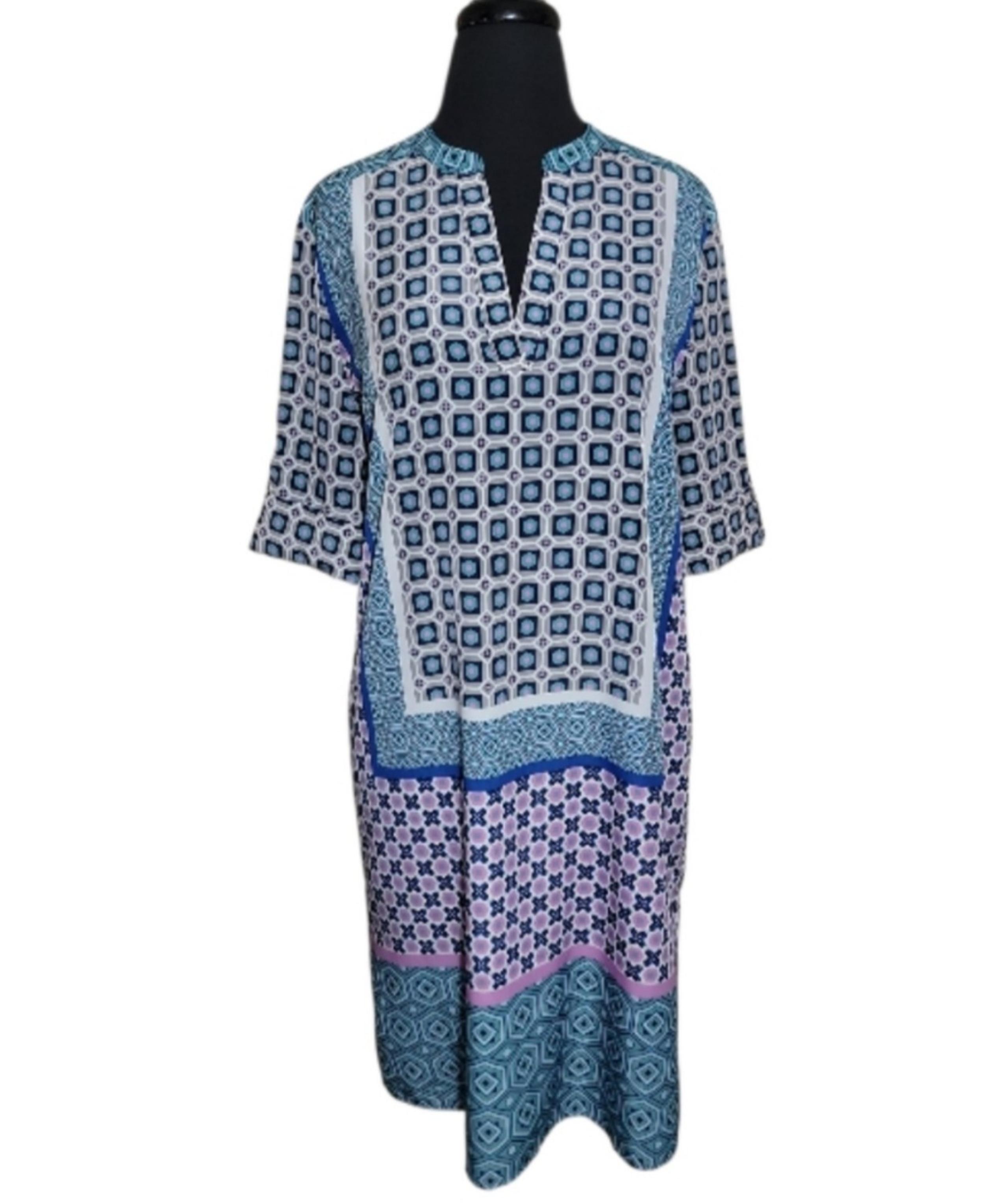 Halogen geometric print split neck tab button short sleeve shift dress size S