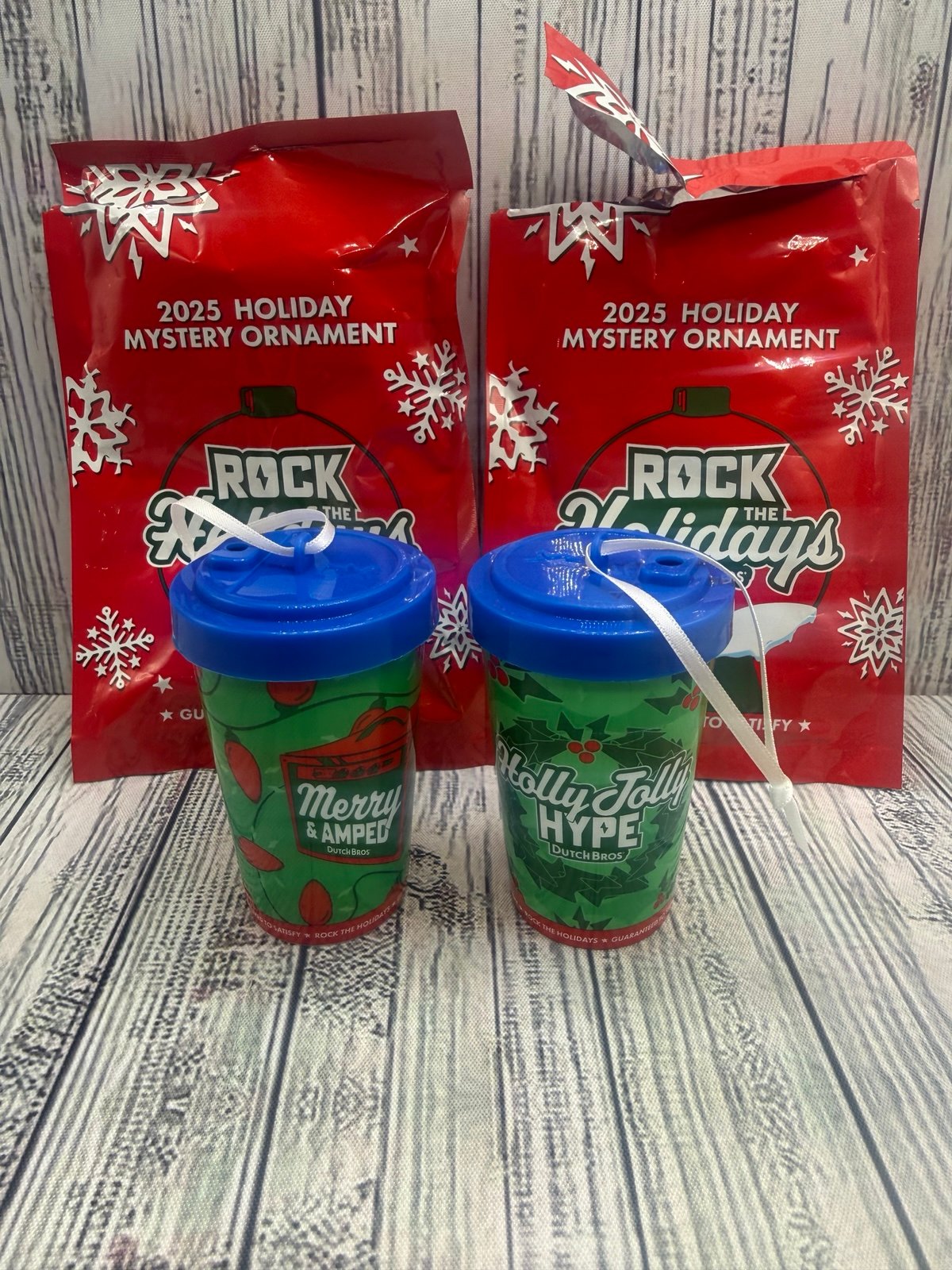 DUTCH BROS  BLACK FRIDAY 2025 CHRISTMAS ORNAMENT MERRY & AMPED!! LOT OF 2