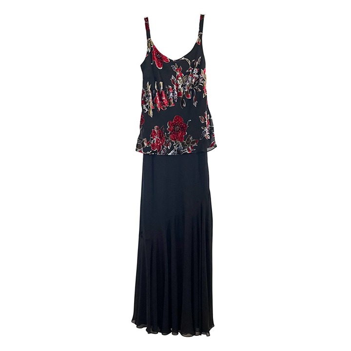 Vintage Xscape Black & Red Velvet Beaded Floral Maxi Gown Y2K Whimsigoth Size 8